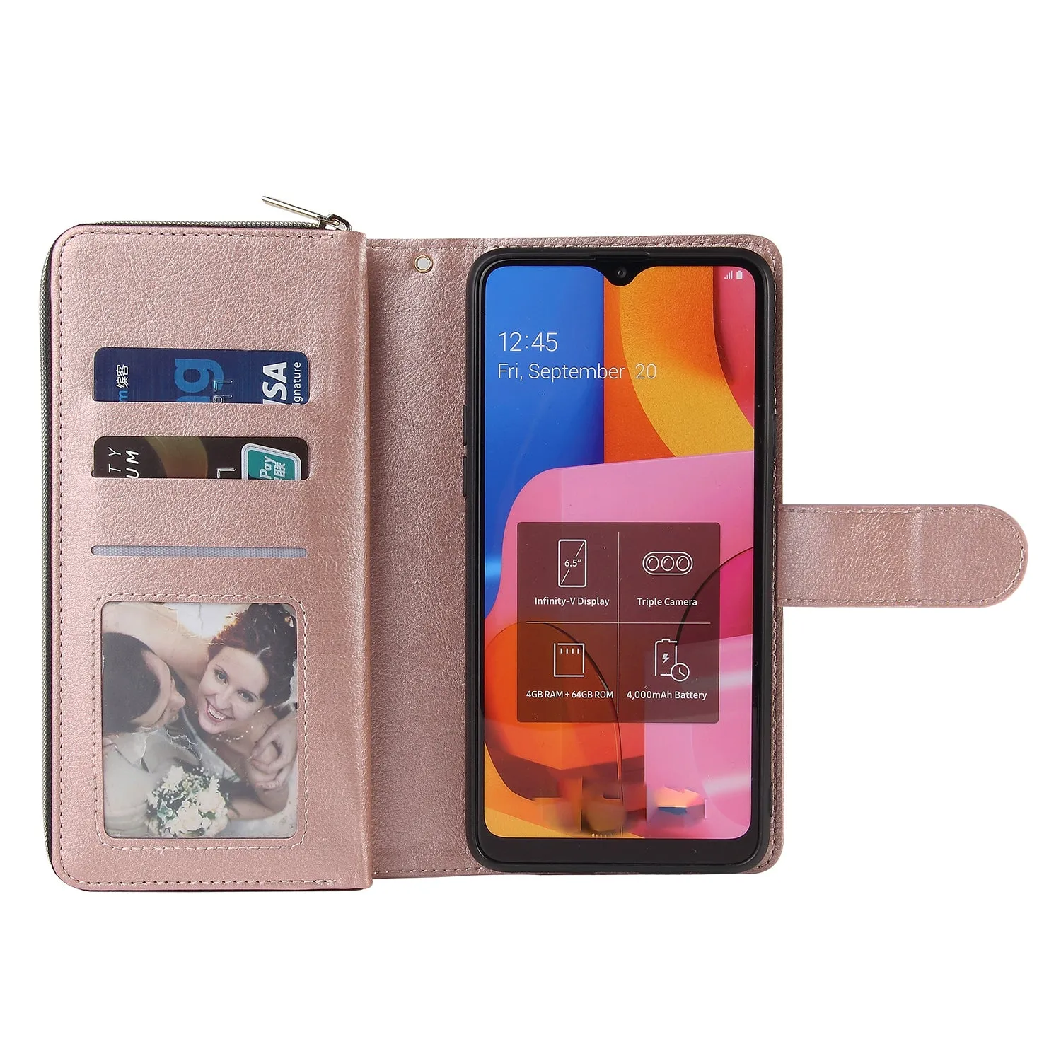 For Samsung A10/A20/A30/A50/A30S/A50S Pu Leather  Mobile Phone Cover Zipper Card Bag   Wrist Strap Rose gold