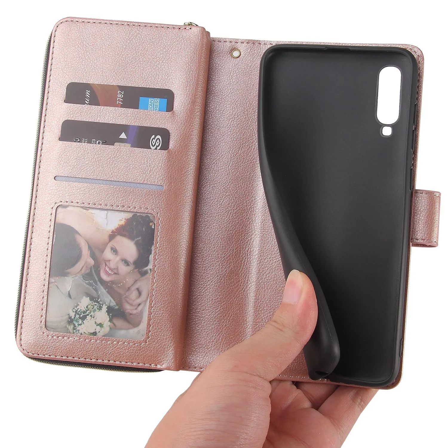 For Samsung A10/A20/A30/A50/A30S/A50S Pu Leather  Mobile Phone Cover Zipper Card Bag   Wrist Strap Rose gold