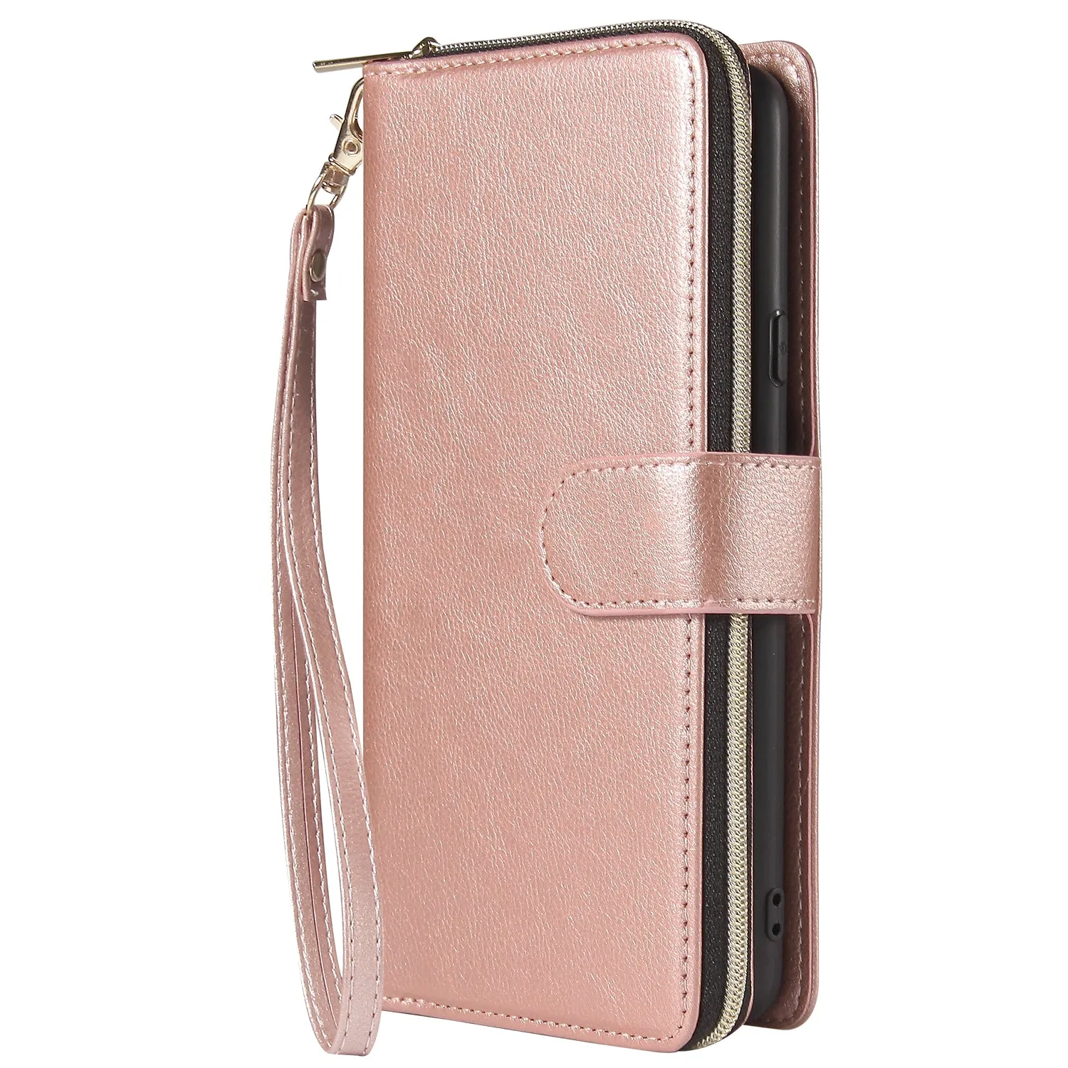 For Samsung A10/A20/A30/A50/A30S/A50S Pu Leather  Mobile Phone Cover Zipper Card Bag   Wrist Strap Rose gold