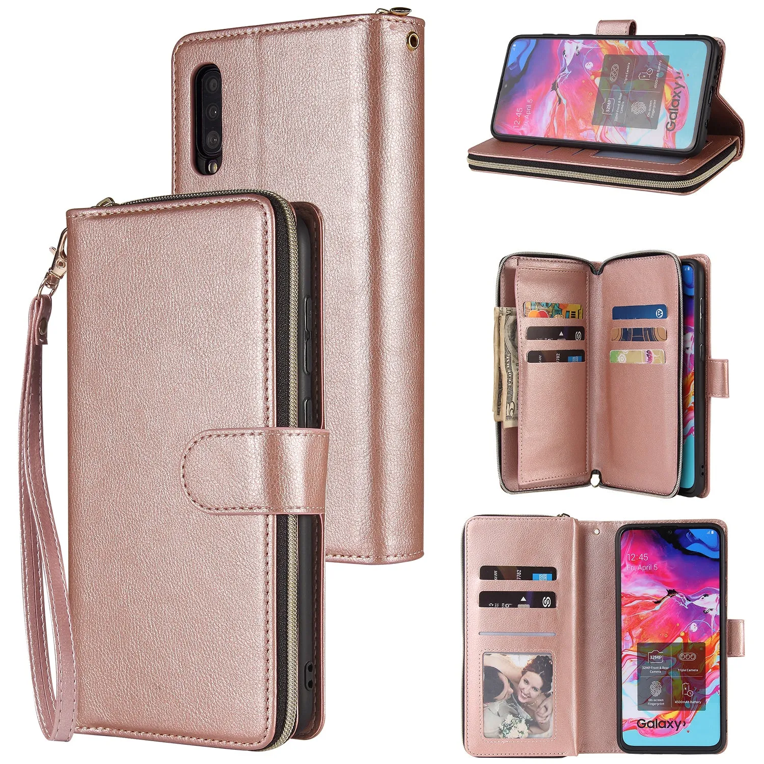 For Samsung A10/A20/A30/A50/A30S/A50S Pu Leather  Mobile Phone Cover Zipper Card Bag   Wrist Strap Rose gold