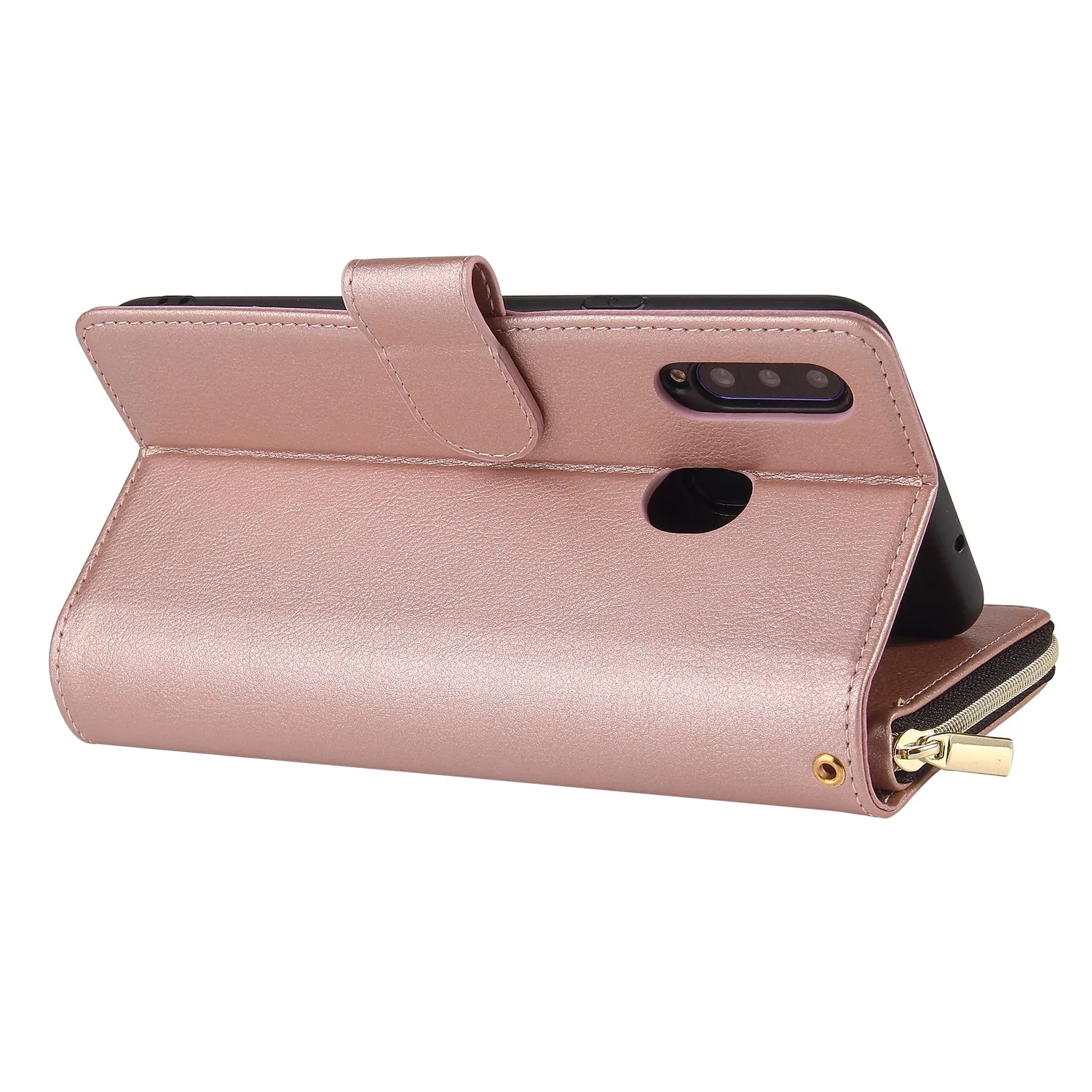 For Samsung A10/A20/A30/A50/A30S/A50S Pu Leather  Mobile Phone Cover Zipper Card Bag   Wrist Strap Rose gold