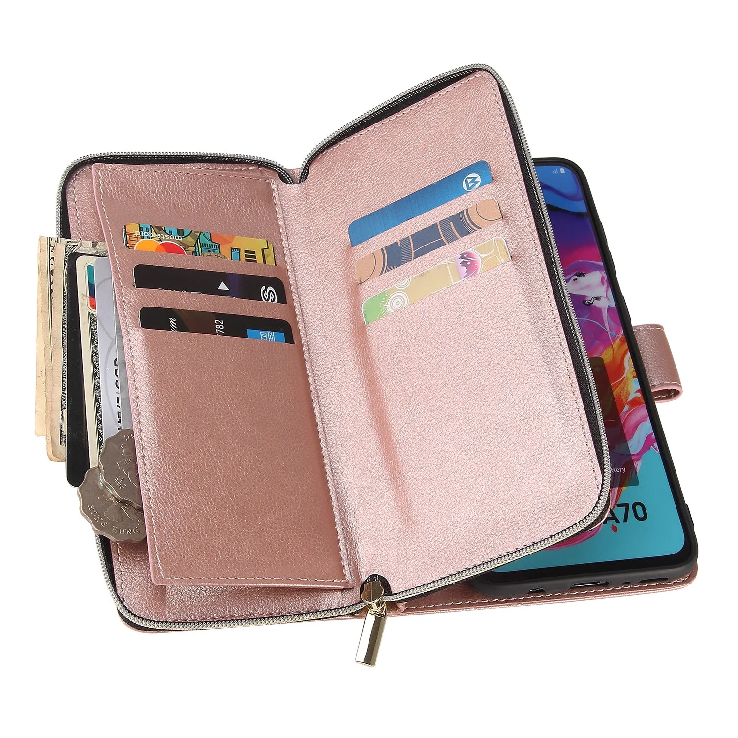 For Samsung A10/A20/A30/A50/A30S/A50S Pu Leather  Mobile Phone Cover Zipper Card Bag   Wrist Strap Rose gold