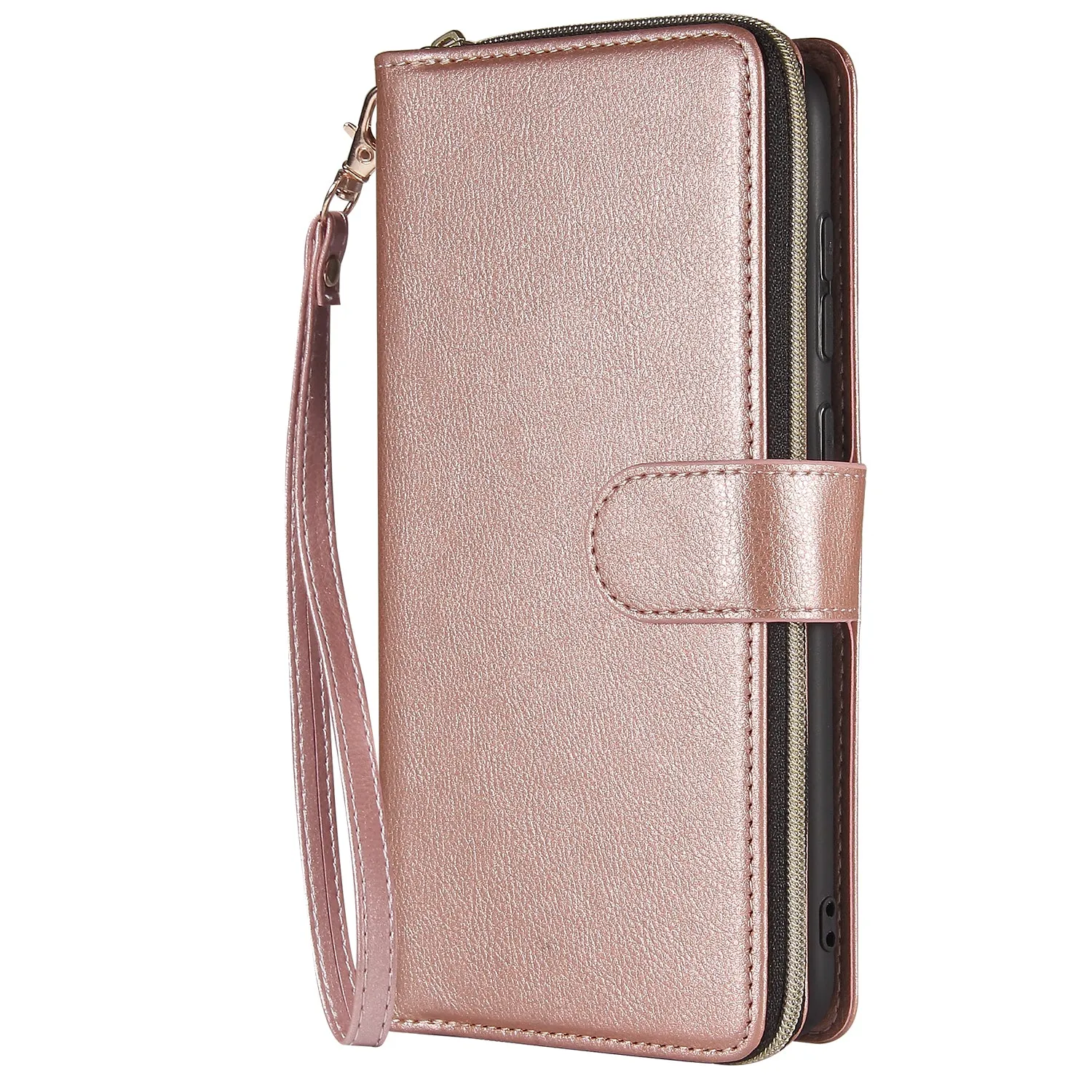 For Samsung A10/A20/A30/A50/A30S/A50S Pu Leather  Mobile Phone Cover Zipper Card Bag   Wrist Strap Rose gold