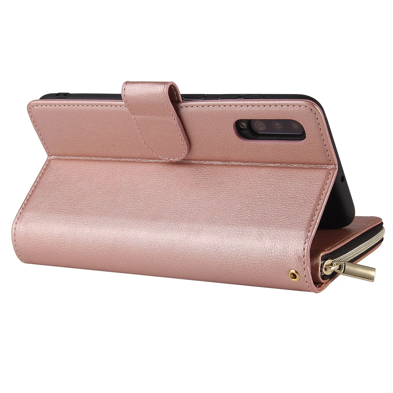 For Samsung A10/A20/A30/A50/A30S/A50S Pu Leather  Mobile Phone Cover Zipper Card Bag   Wrist Strap Rose gold