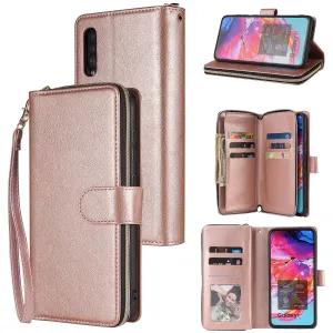 For Samsung A10/A20/A30/A50/A30S/A50S Pu Leather  Mobile Phone Cover Zipper Card Bag   Wrist Strap Rose gold