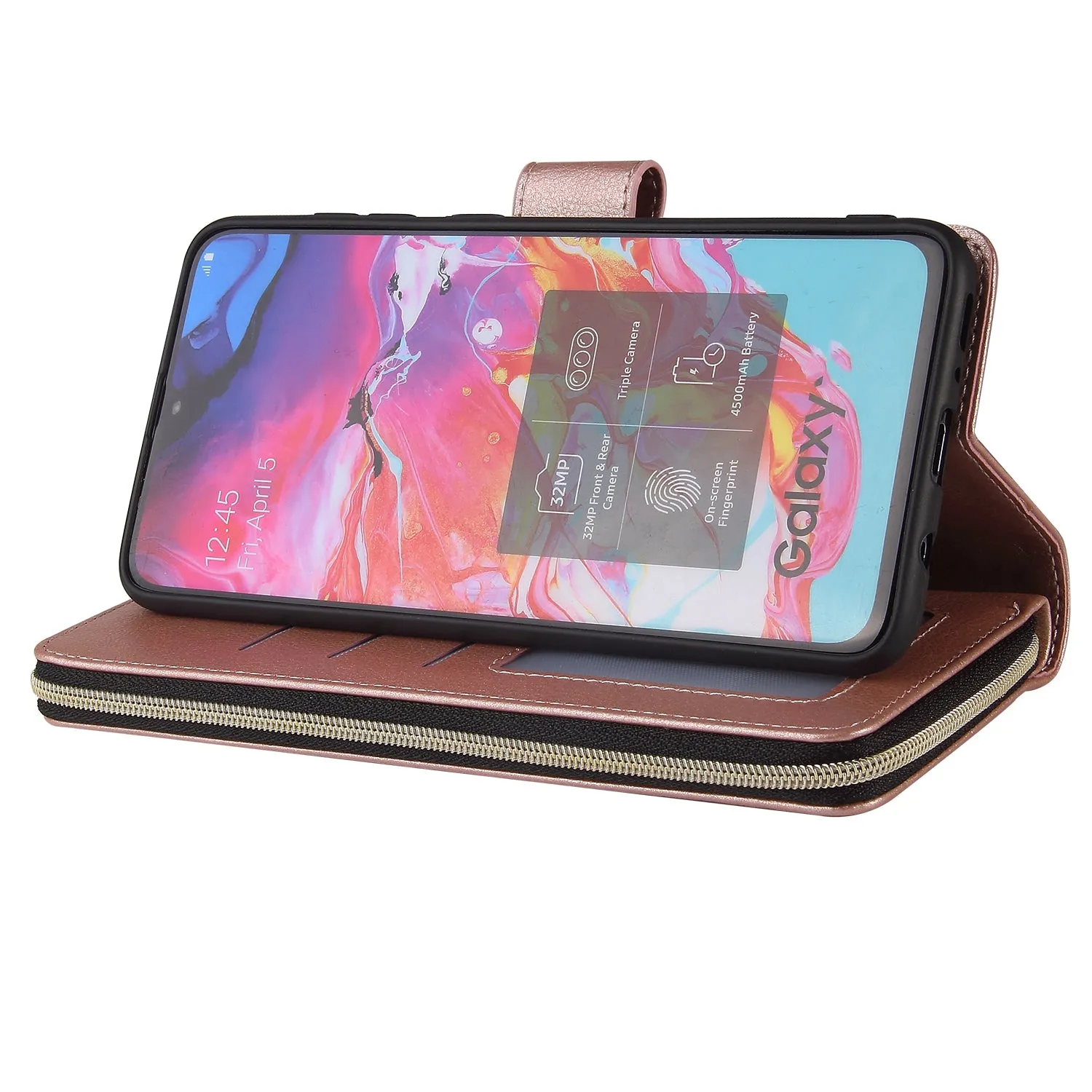 For Samsung A10/A20/A30/A50/A30S/A50S Pu Leather  Mobile Phone Cover Zipper Card Bag   Wrist Strap Rose gold