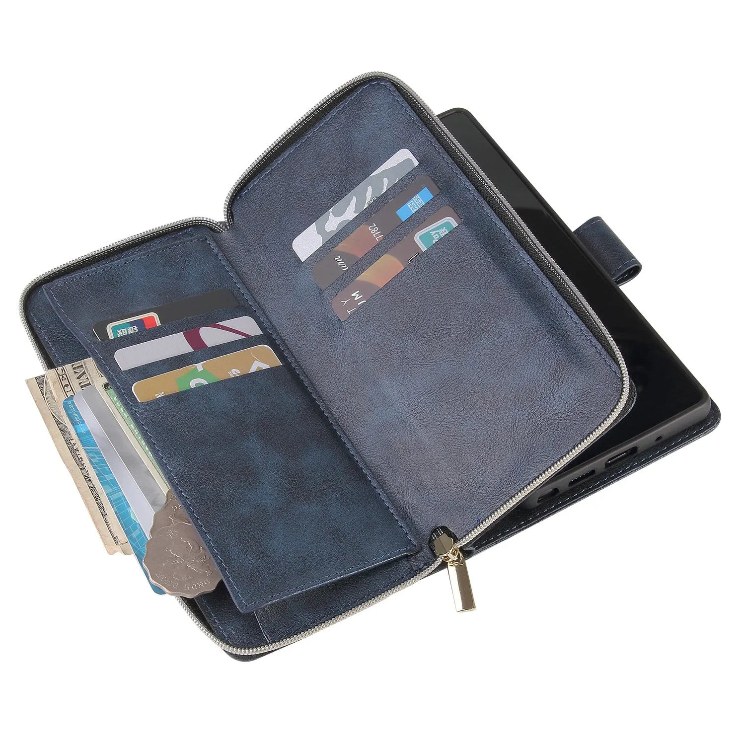For Samsung A51 5G/A71 5G/Note 10 pro Pu Leather  Mobile Phone Cover Zipper Card Bag   Wrist Strap blue