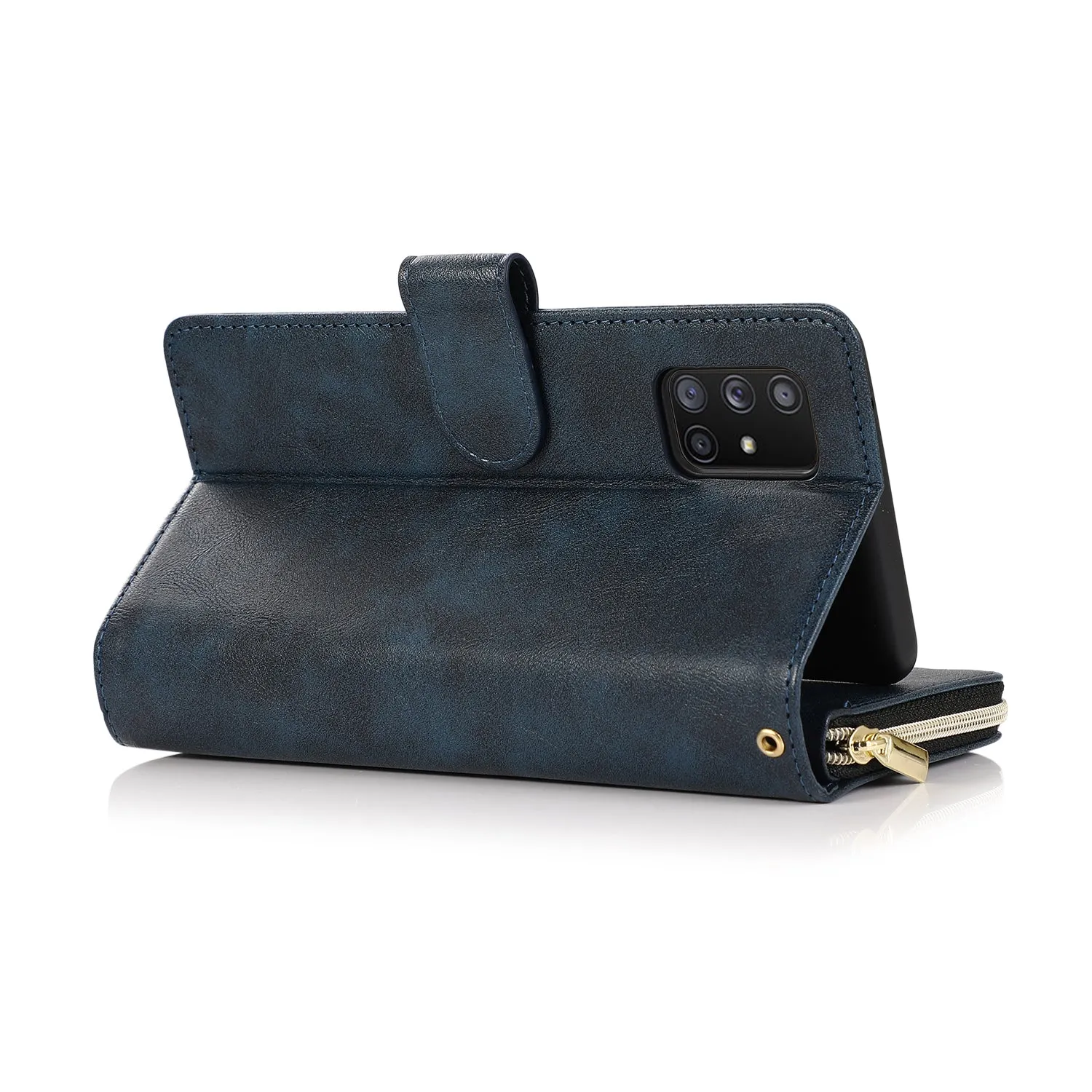 For Samsung A51 5G/A71 5G/Note 10 pro Pu Leather  Mobile Phone Cover Zipper Card Bag   Wrist Strap blue