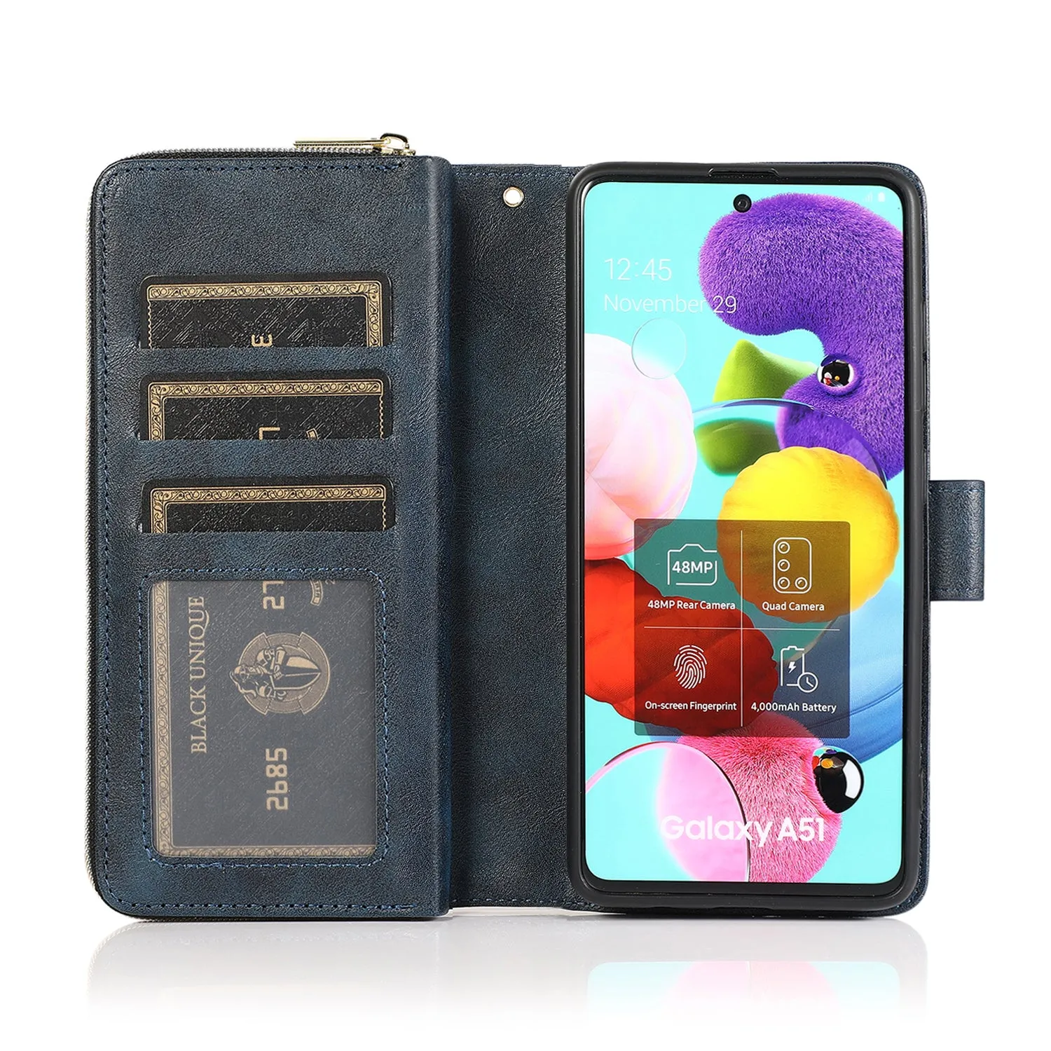 For Samsung A51 5G/A71 5G/Note 10 pro Pu Leather  Mobile Phone Cover Zipper Card Bag   Wrist Strap blue