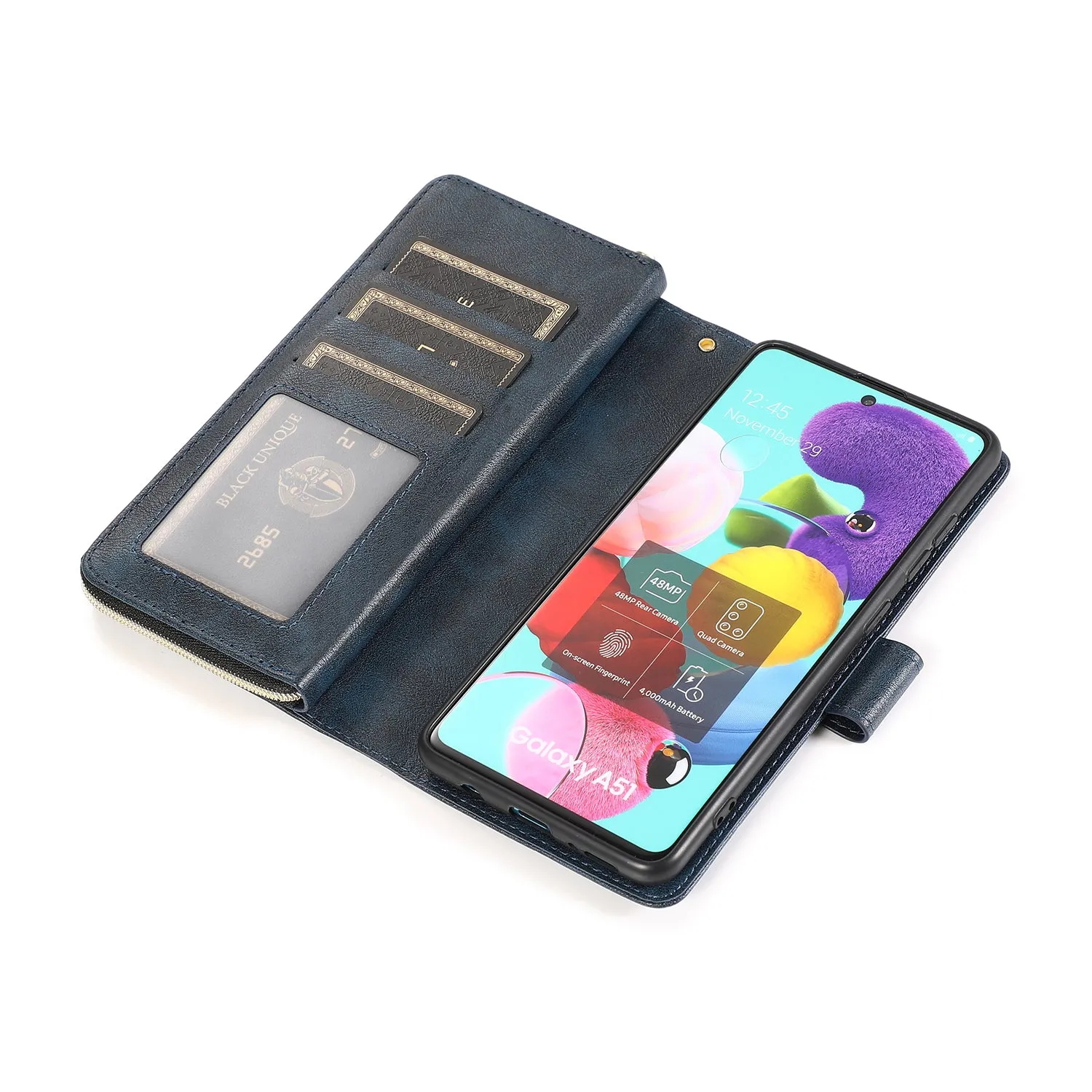 For Samsung A51 5G/A71 5G/Note 10 pro Pu Leather  Mobile Phone Cover Zipper Card Bag   Wrist Strap blue