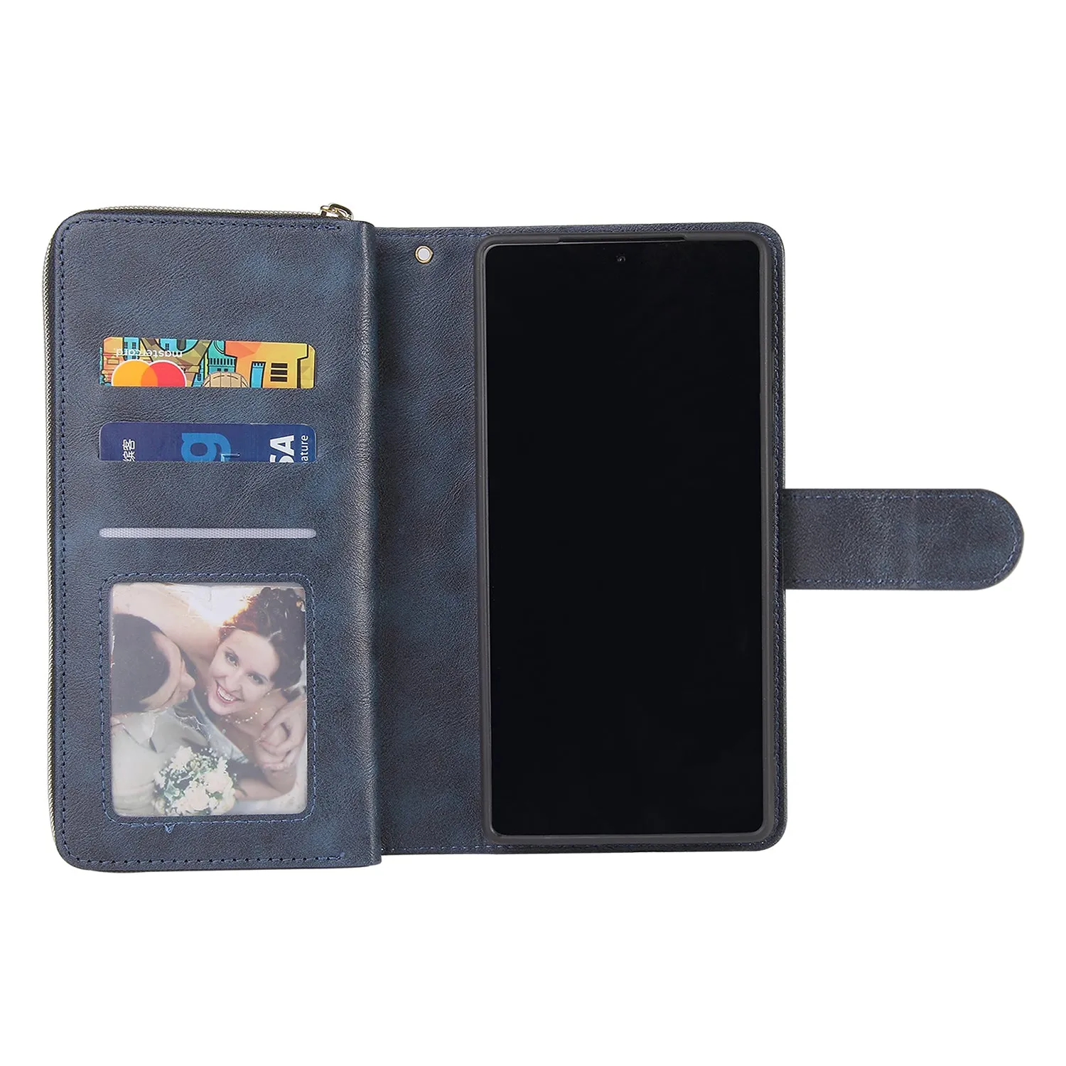 For Samsung A51 5G/A71 5G/Note 10 pro Pu Leather  Mobile Phone Cover Zipper Card Bag   Wrist Strap blue