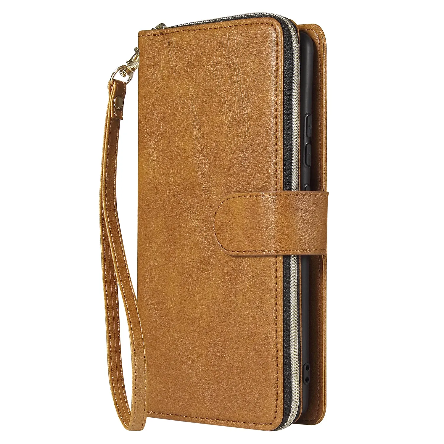 For Samsung A51 5G/A71 5G/Note 10 pro Pu Leather  Mobile Phone Cover Zipper Card Bag   Wrist Strap brown