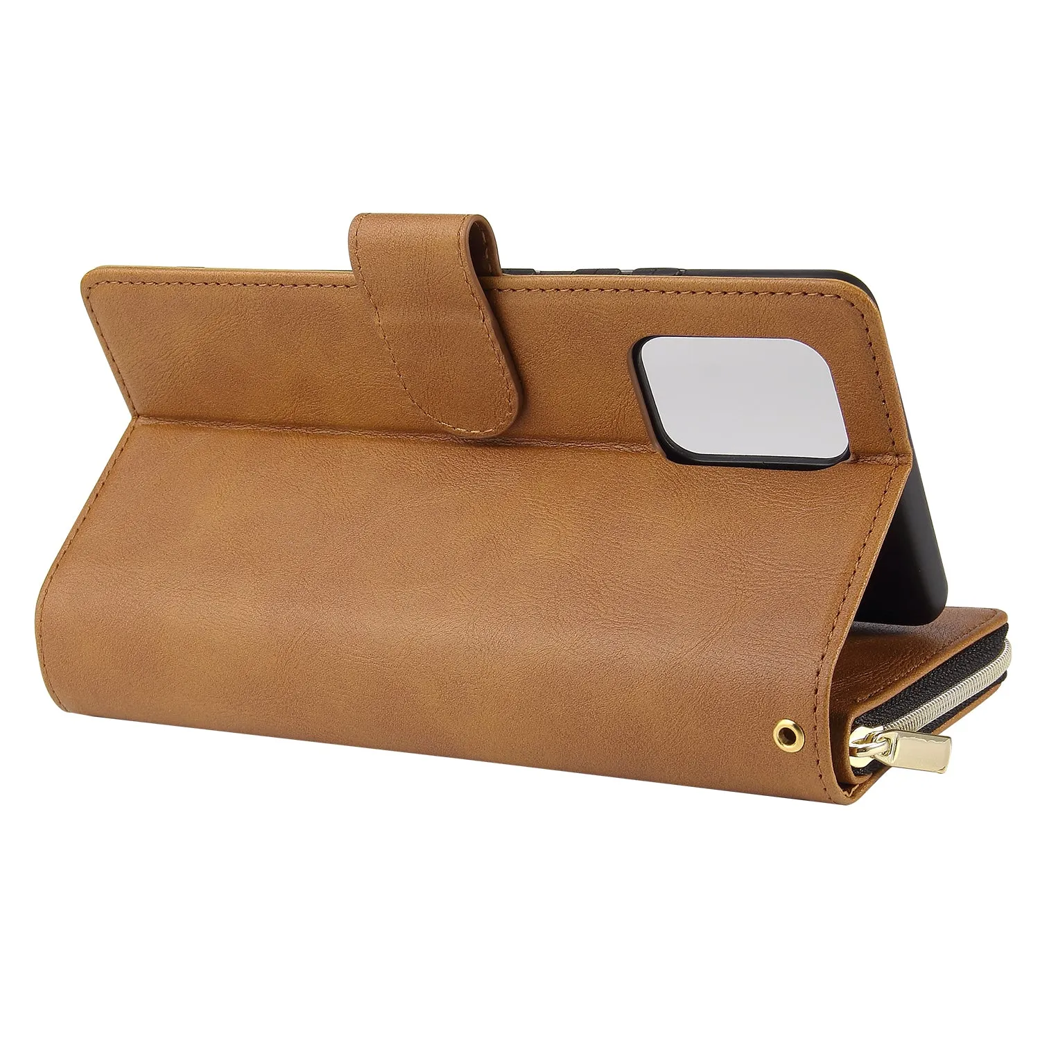 For Samsung A51 5G/A71 5G/Note 10 pro Pu Leather  Mobile Phone Cover Zipper Card Bag   Wrist Strap brown