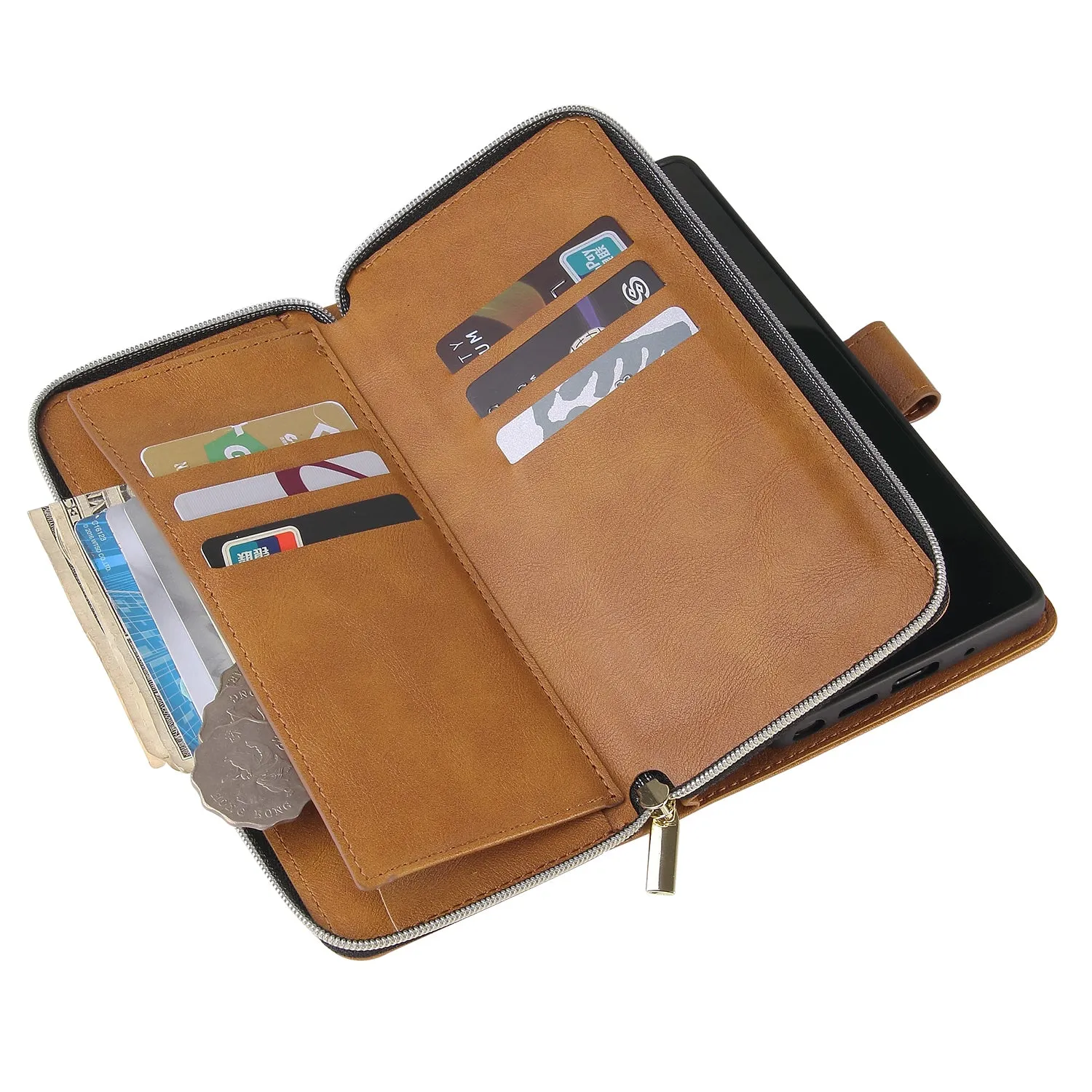For Samsung A51 5G/A71 5G/Note 10 pro Pu Leather  Mobile Phone Cover Zipper Card Bag   Wrist Strap brown