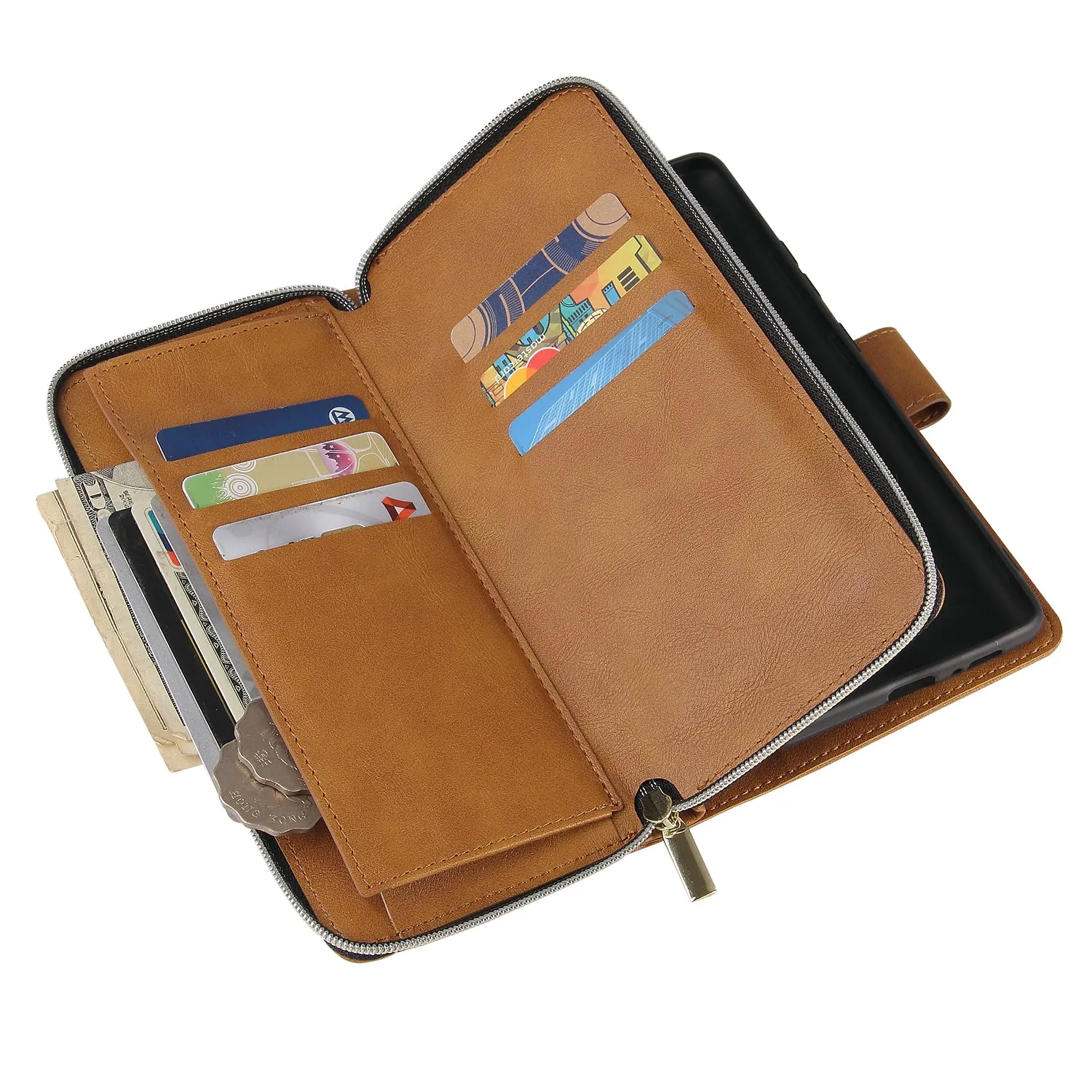 For Samsung A51 5G/A71 5G/Note 10 pro Pu Leather  Mobile Phone Cover Zipper Card Bag   Wrist Strap brown