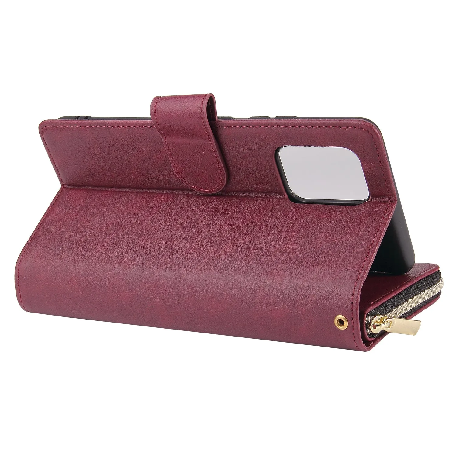 For Samsung A51 5G/A71 5G/Note 10 pro Pu Leather  Mobile Phone Cover Zipper Card Bag   Wrist Strap Red wine