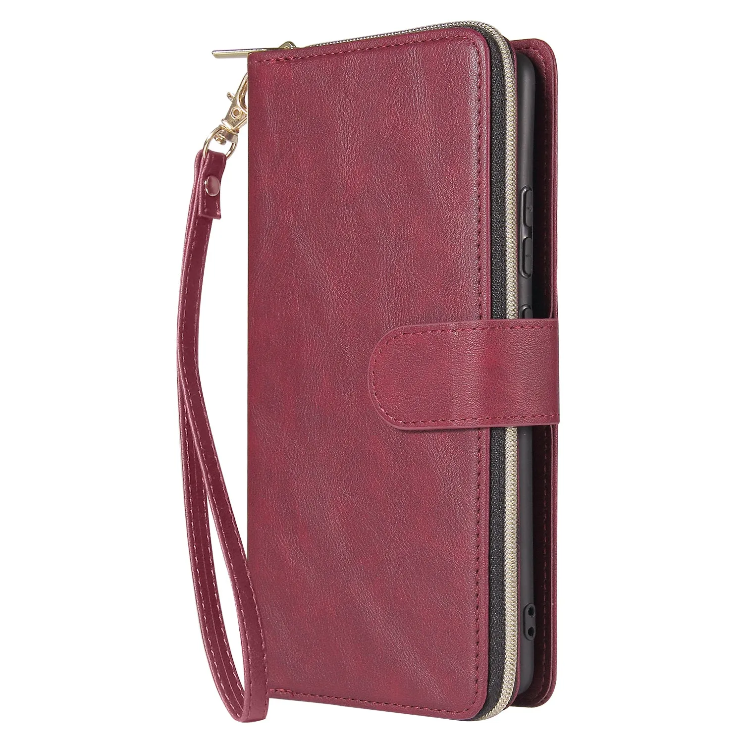 For Samsung A51 5G/A71 5G/Note 10 pro Pu Leather  Mobile Phone Cover Zipper Card Bag   Wrist Strap Red wine
