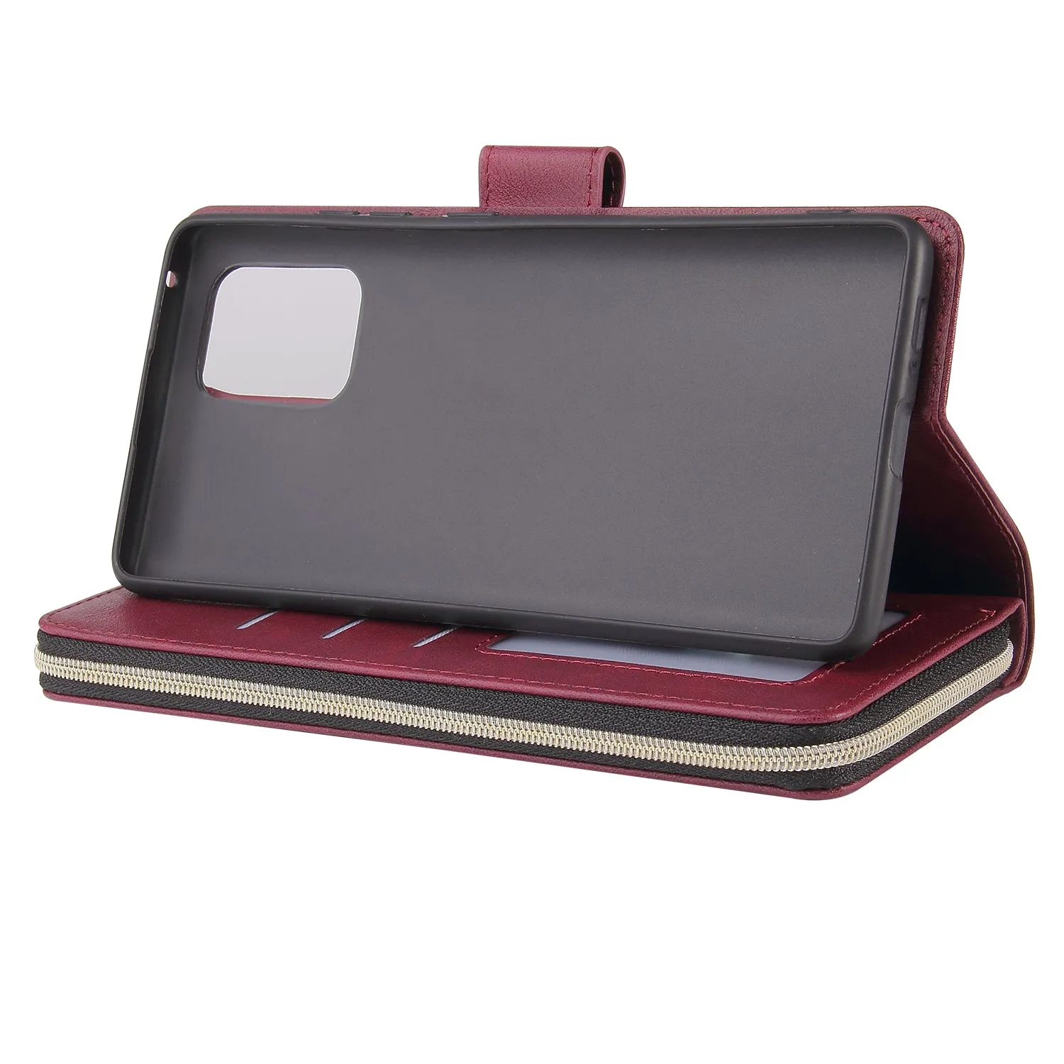 For Samsung A51 5G/A71 5G/Note 10 pro Pu Leather  Mobile Phone Cover Zipper Card Bag   Wrist Strap Red wine