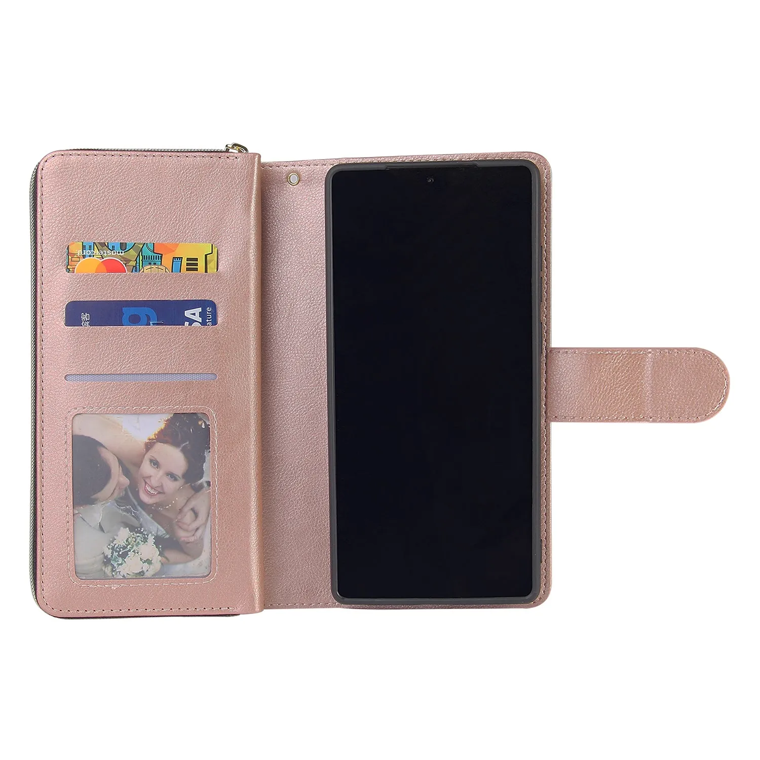 For Samsung A51 5G/A71 5G/Note 10 pro Pu Leather  Mobile Phone Cover Zipper Card Bag   Wrist Strap Rose gold