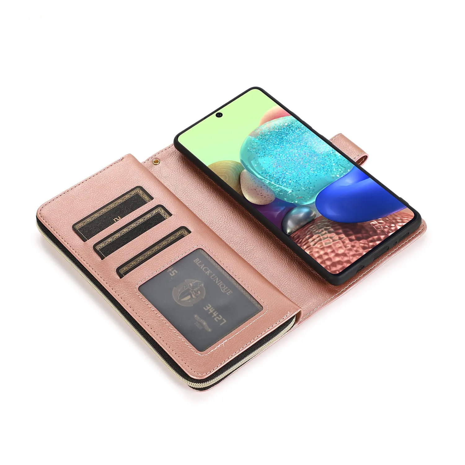 For Samsung A51 5G/A71 5G/Note 10 pro Pu Leather  Mobile Phone Cover Zipper Card Bag   Wrist Strap Rose gold