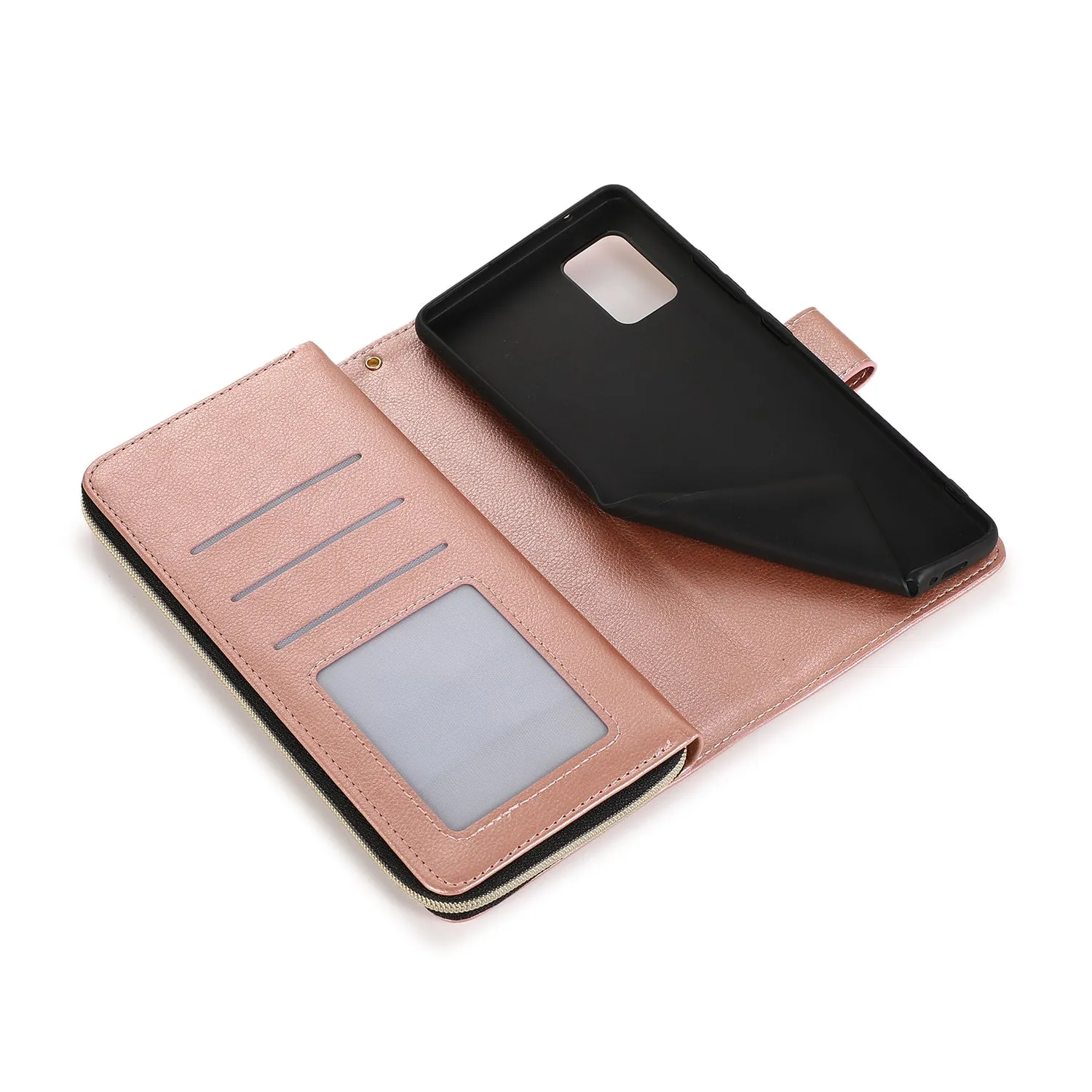For Samsung A51 5G/A71 5G/Note 10 pro Pu Leather  Mobile Phone Cover Zipper Card Bag   Wrist Strap Rose gold