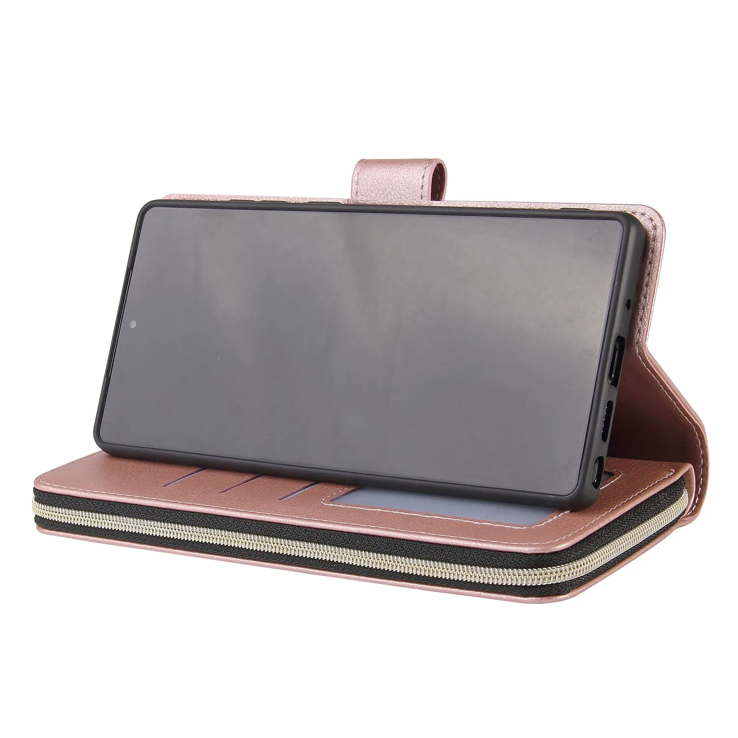 For Samsung A51 5G/A71 5G/Note 10 pro Pu Leather  Mobile Phone Cover Zipper Card Bag   Wrist Strap Rose gold