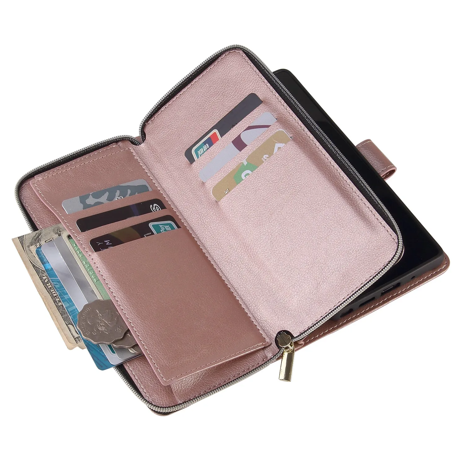 For Samsung A51 5G/A71 5G/Note 10 pro Pu Leather  Mobile Phone Cover Zipper Card Bag   Wrist Strap Rose gold