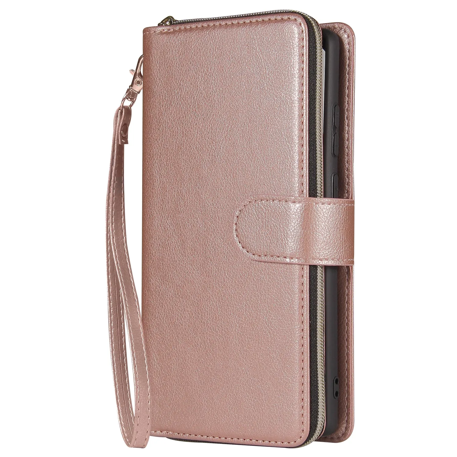 For Samsung A51 5G/A71 5G/Note 10 pro Pu Leather  Mobile Phone Cover Zipper Card Bag   Wrist Strap Rose gold