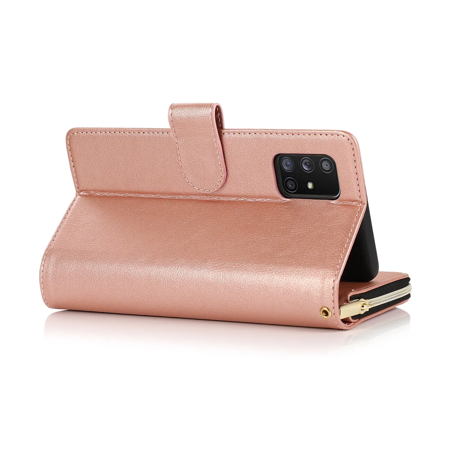 For Samsung A51 5G/A71 5G/Note 10 pro Pu Leather  Mobile Phone Cover Zipper Card Bag   Wrist Strap Rose gold