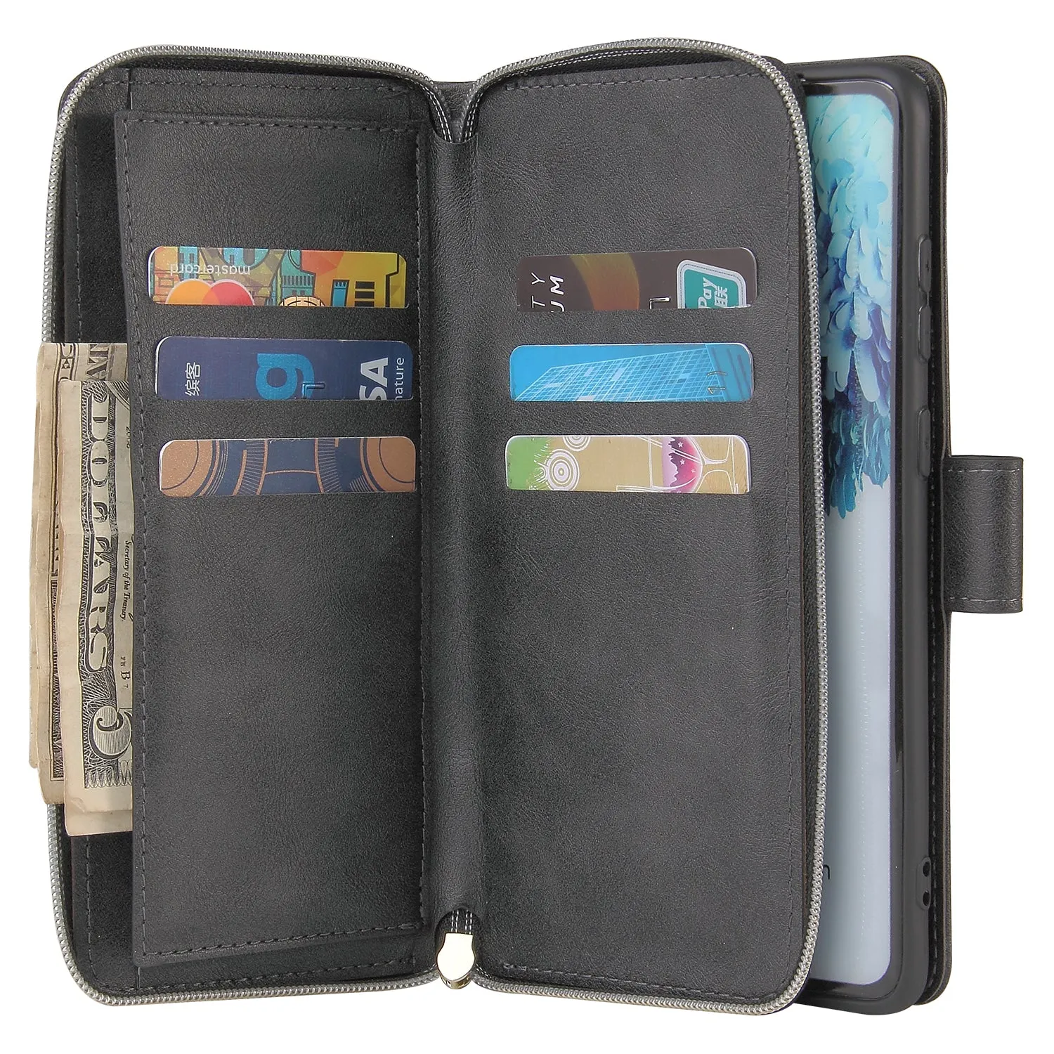 For Samsung S10/S20/S10E/ S10 Plus Pu Leather  Mobile Phone Cover Zipper Card Bag   Wrist Strap black