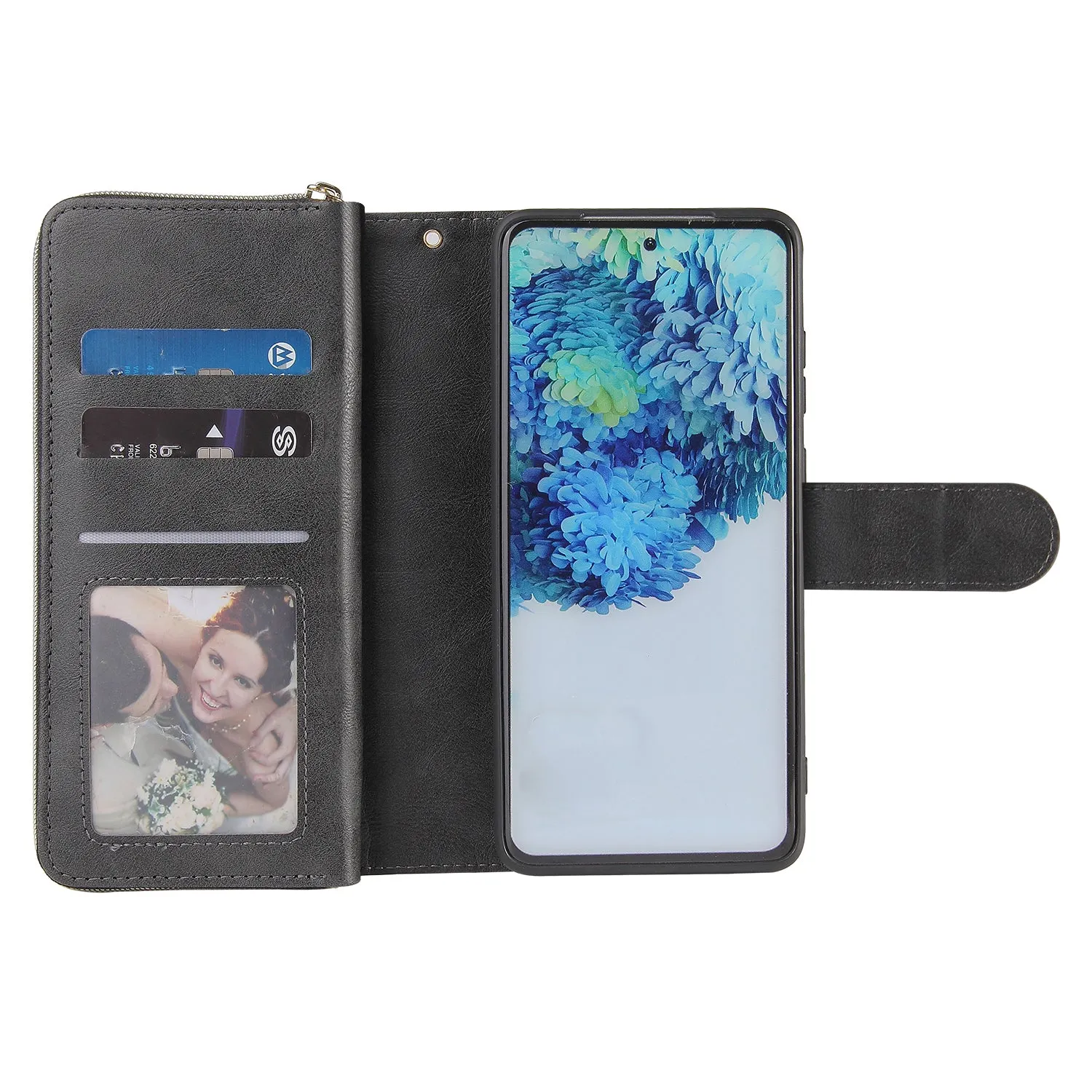For Samsung S10/S20/S10E/ S10 Plus Pu Leather  Mobile Phone Cover Zipper Card Bag   Wrist Strap black
