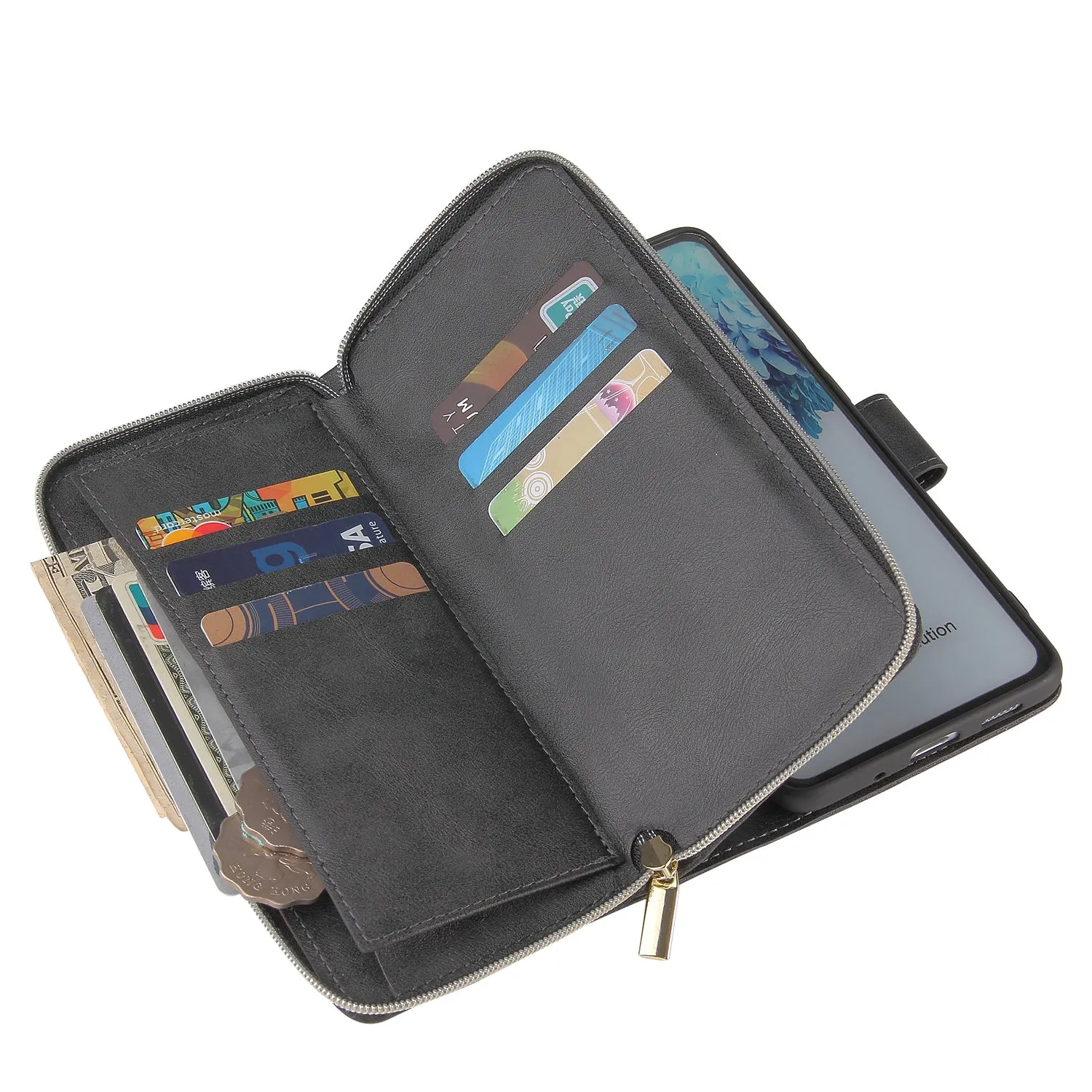 For Samsung S10/S20/S10E/ S10 Plus Pu Leather  Mobile Phone Cover Zipper Card Bag   Wrist Strap black