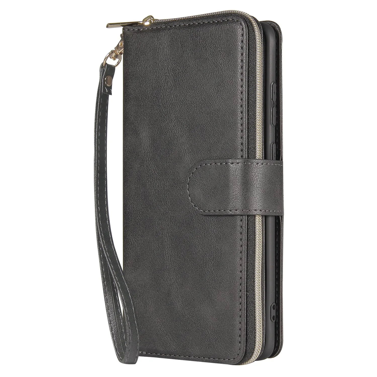 For Samsung S10/S20/S10E/ S10 Plus Pu Leather  Mobile Phone Cover Zipper Card Bag   Wrist Strap black