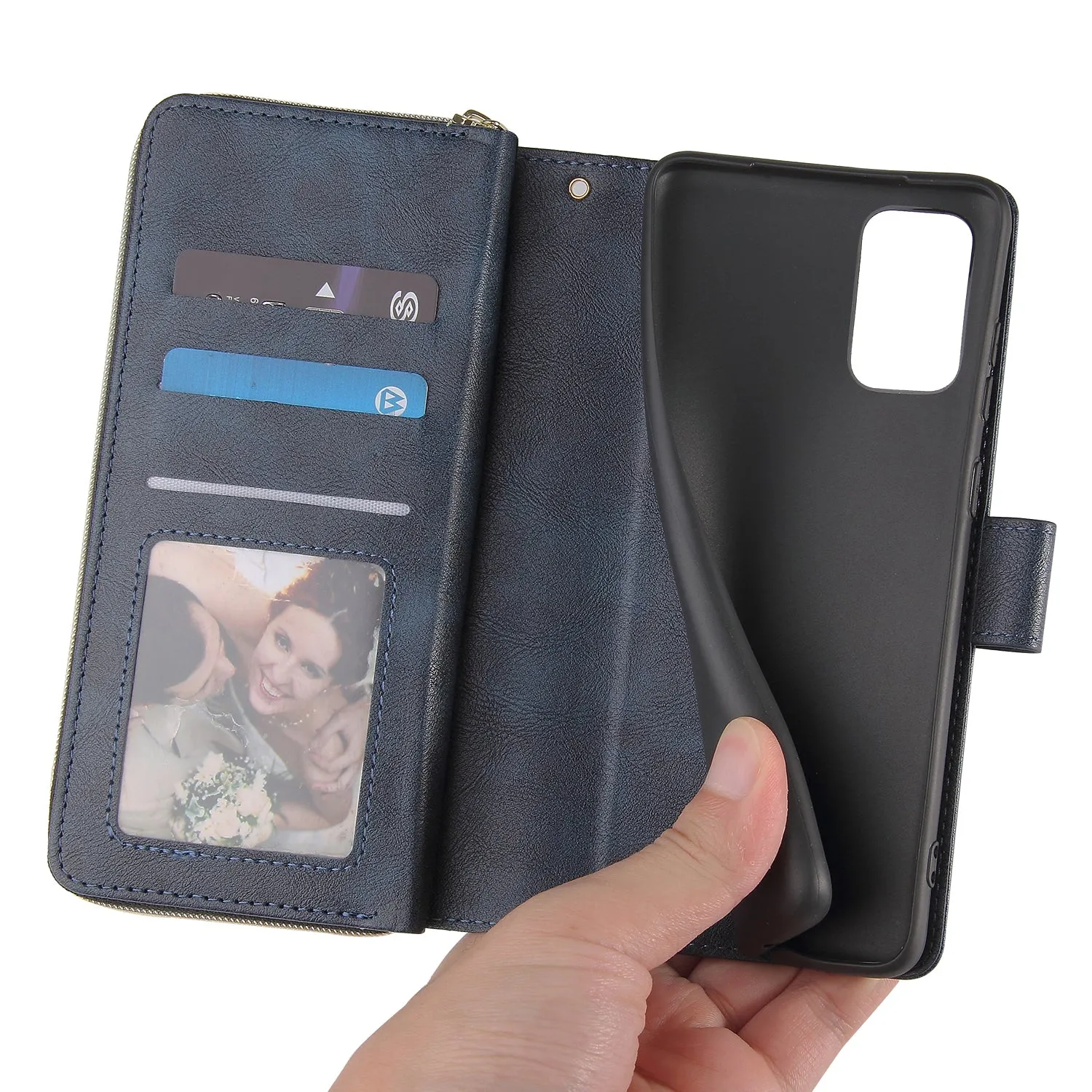 For Samsung S10/S20/S10E/ S10 Plus Pu Leather  Mobile Phone Cover Zipper Card Bag   Wrist Strap blue