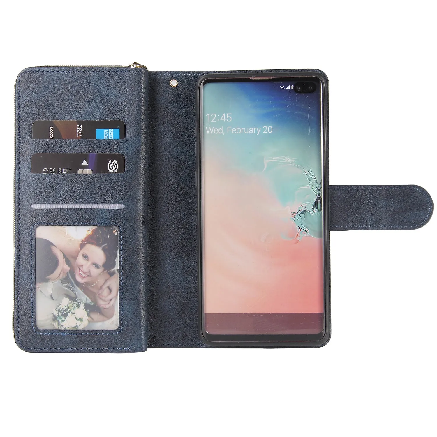 For Samsung S10/S20/S10E/ S10 Plus Pu Leather  Mobile Phone Cover Zipper Card Bag   Wrist Strap blue