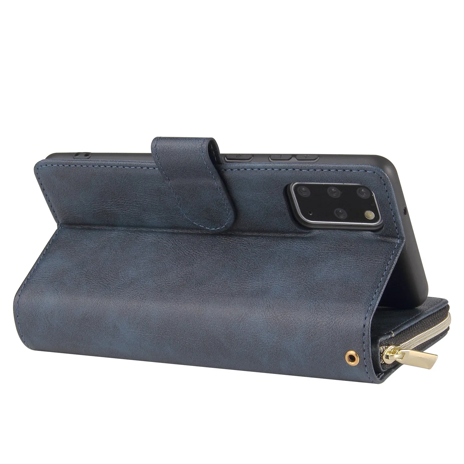 For Samsung S10/S20/S10E/ S10 Plus Pu Leather  Mobile Phone Cover Zipper Card Bag   Wrist Strap blue