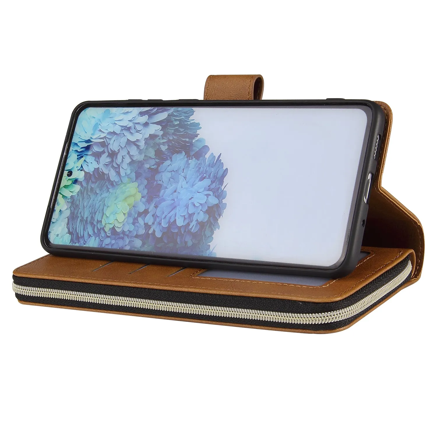 For Samsung S10/S20/S10E/ S10 Plus Pu Leather  Mobile Phone Cover Zipper Card Bag   Wrist Strap brown