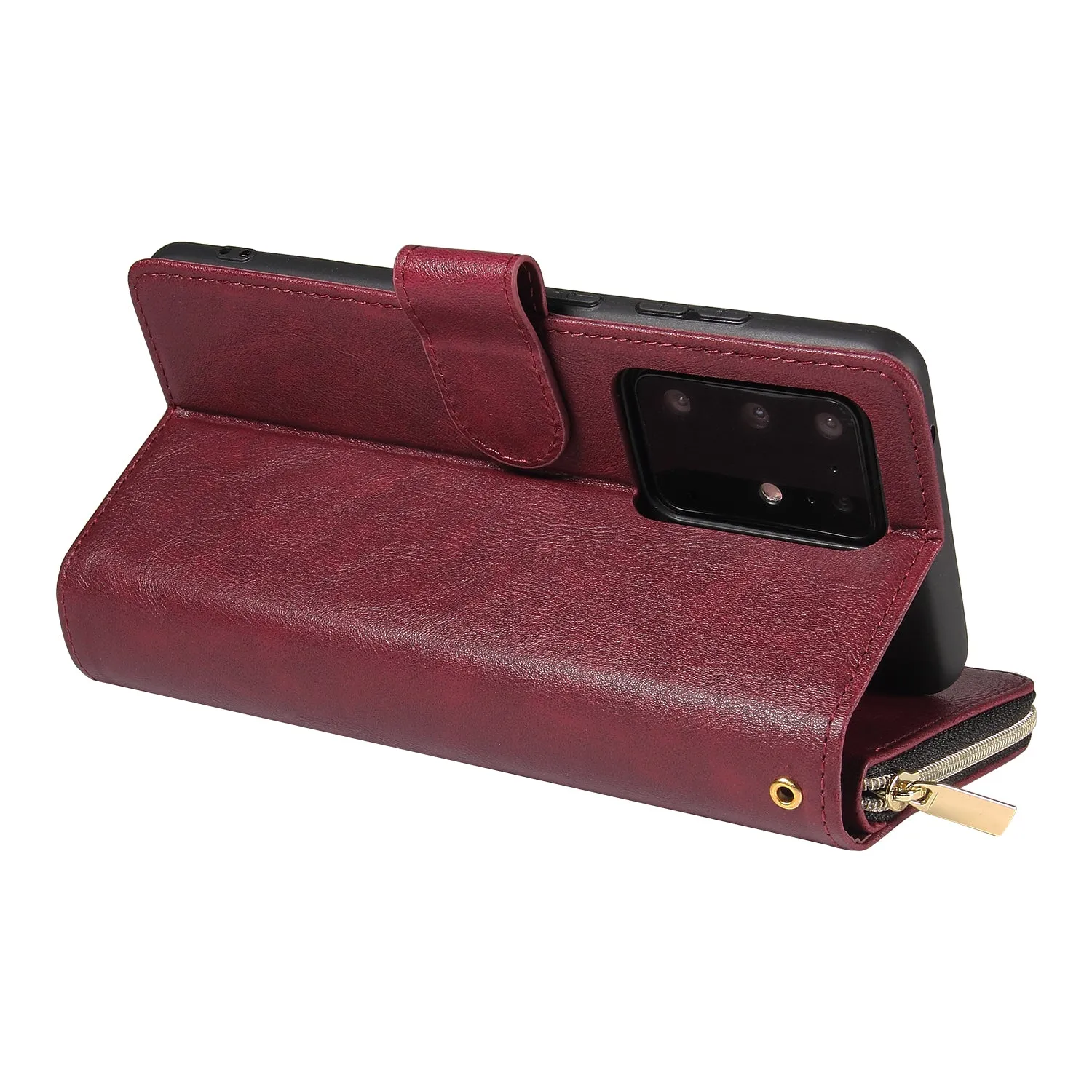 For Samsung S10/S20/S10E/ S10 Plus Pu Leather  Mobile Phone Cover Zipper Card Bag   Wrist Strap Red wine
