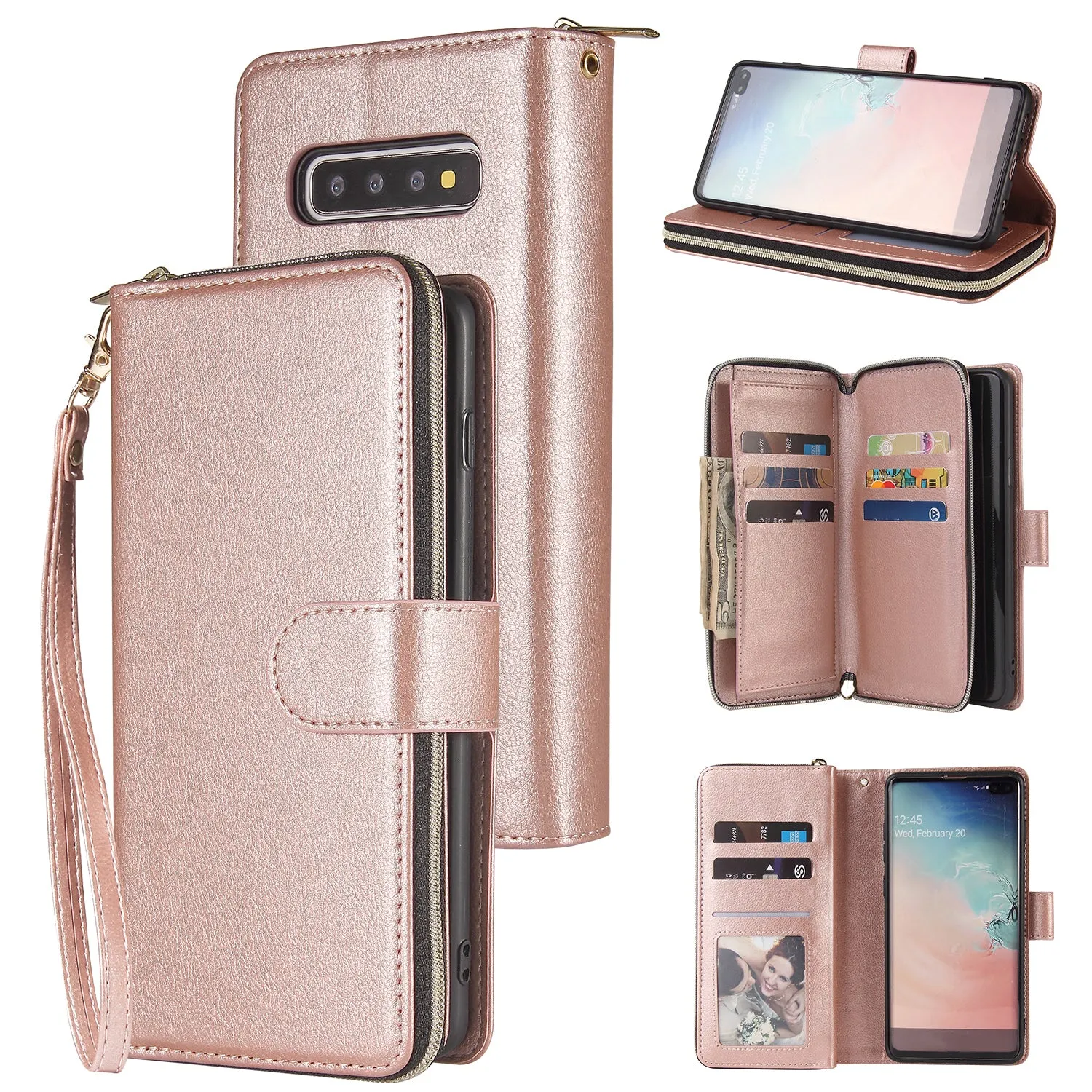 For Samsung S10/S20/S10E/ S10 Plus Pu Leather  Mobile Phone Cover Zipper Card Bag   Wrist Strap Red wine