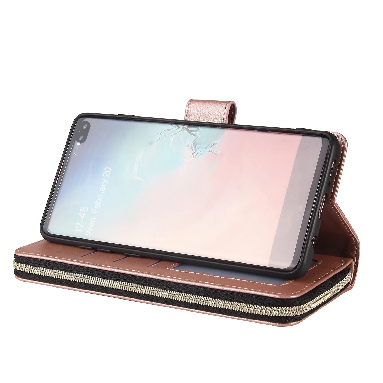 For Samsung S10/S20/S10E/ S10 Plus Pu Leather  Mobile Phone Cover Zipper Card Bag   Wrist Strap Red wine