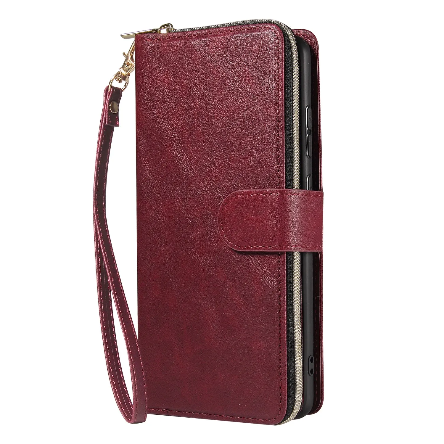 For Samsung S10/S20/S10E/ S10 Plus Pu Leather  Mobile Phone Cover Zipper Card Bag   Wrist Strap Red wine