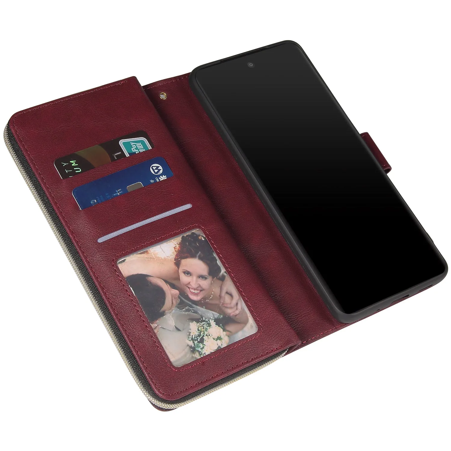 For Samsung S10/S20/S10E/ S10 Plus Pu Leather  Mobile Phone Cover Zipper Card Bag   Wrist Strap Red wine