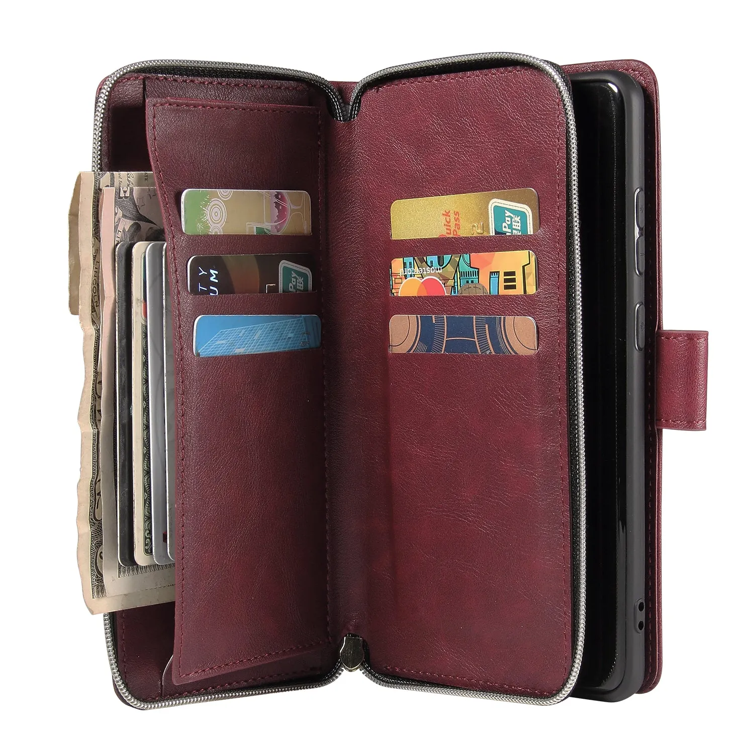 For Samsung S10/S20/S10E/ S10 Plus Pu Leather  Mobile Phone Cover Zipper Card Bag   Wrist Strap Red wine
