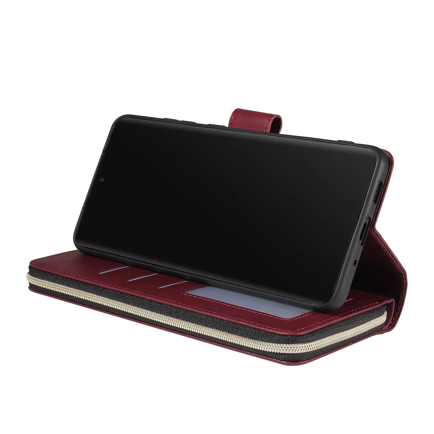 For Samsung S10/S20/S10E/ S10 Plus Pu Leather  Mobile Phone Cover Zipper Card Bag   Wrist Strap Red wine