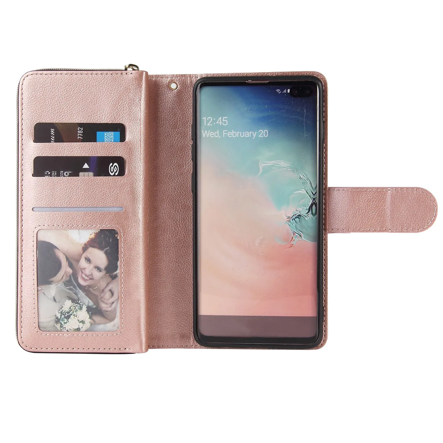 For Samsung S10/S20/S10E/ S10 Plus Pu Leather  Mobile Phone Cover Zipper Card Bag   Wrist Strap Rose gold
