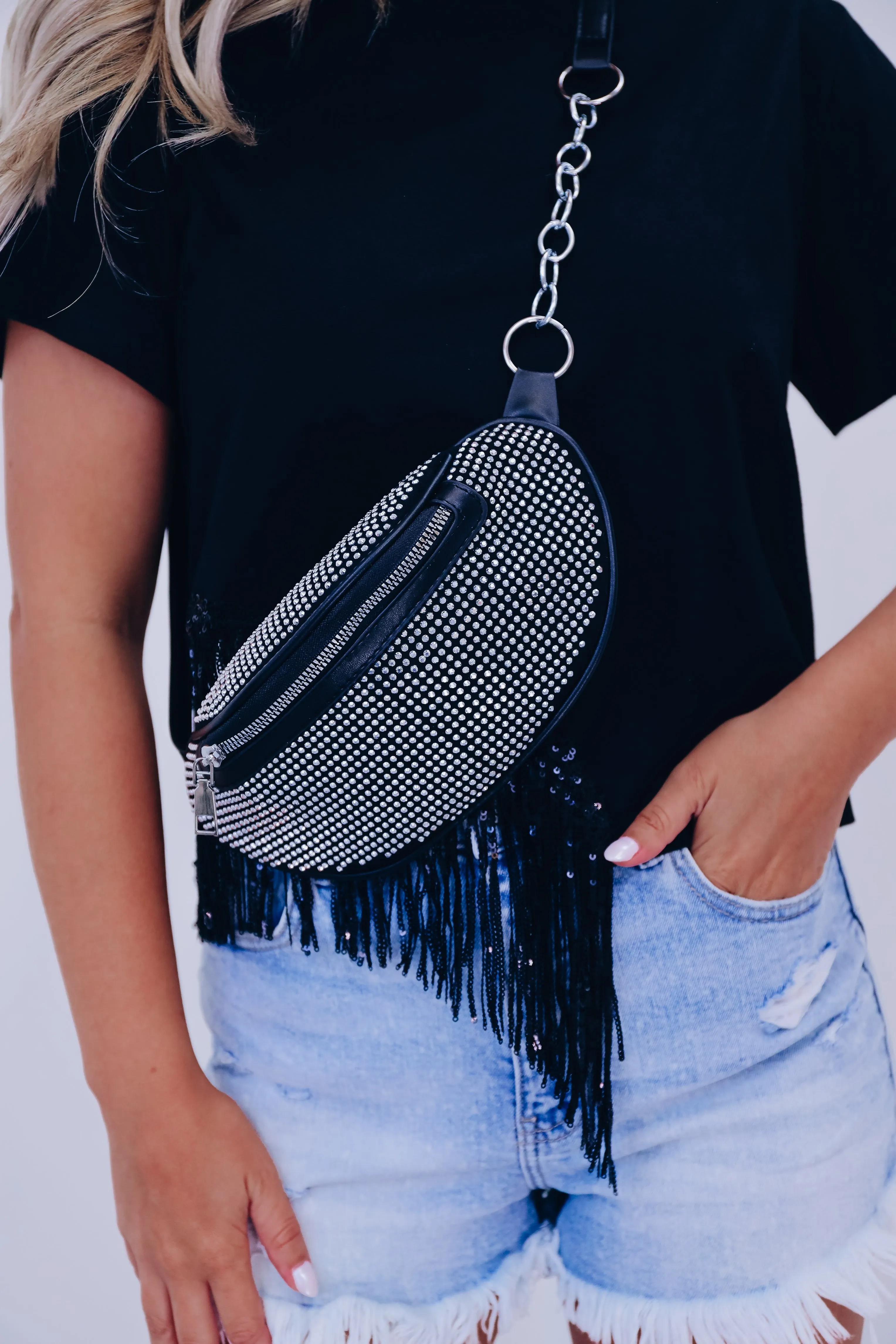 Girl's Best Friend Rhinestone Belt Bag - Black