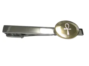 Gold Toned Etched Oval Ankh Cross Tie Clip