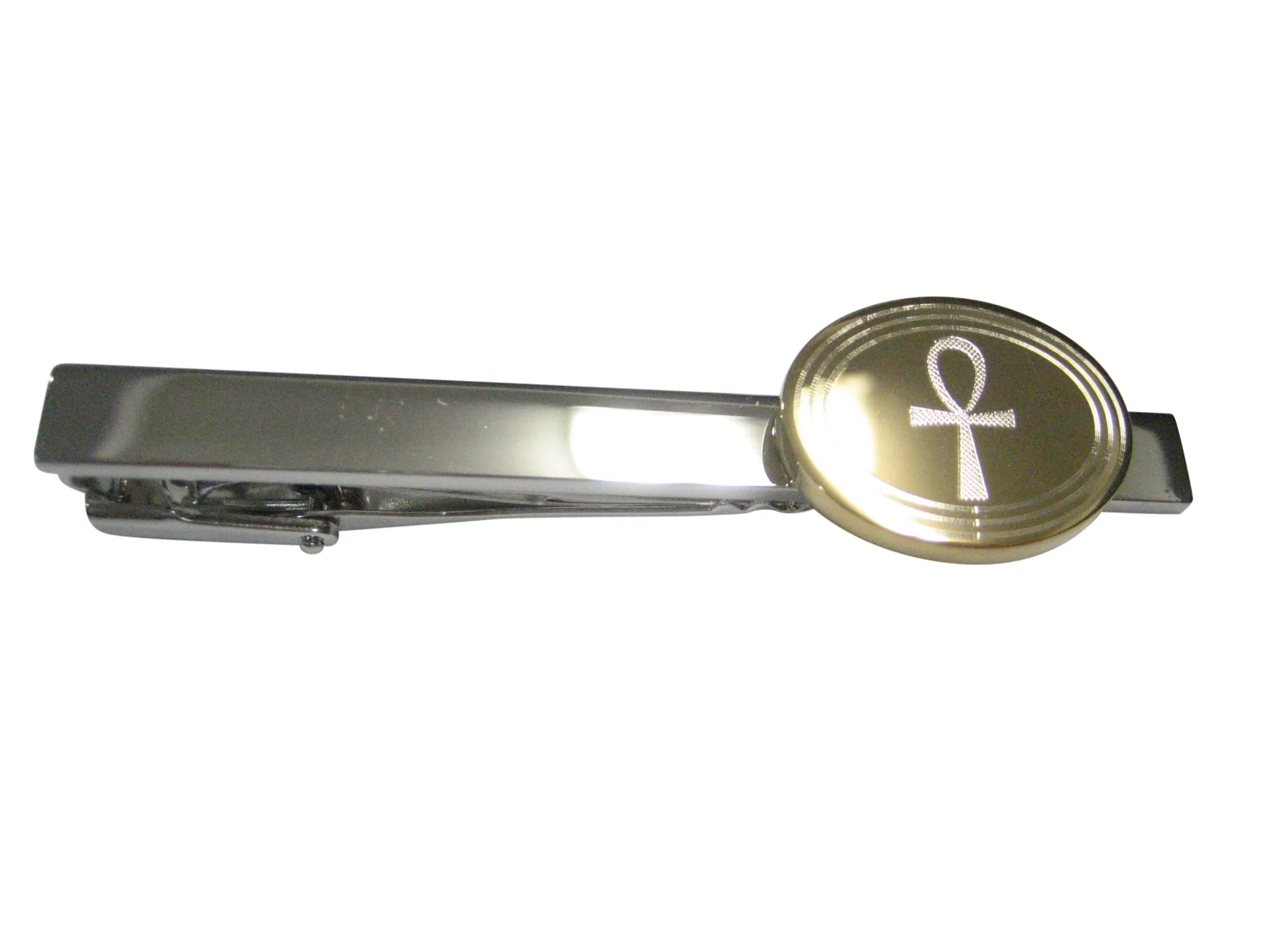 Gold Toned Etched Oval Ankh Cross Tie Clip