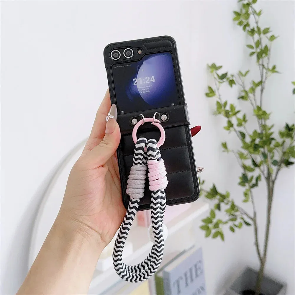 Kawaii Cozy Down Jacket PU Leather Case with Cute Wrist Strap for Samsung Galaxy Z Flip 6/5/4/3 📱✨