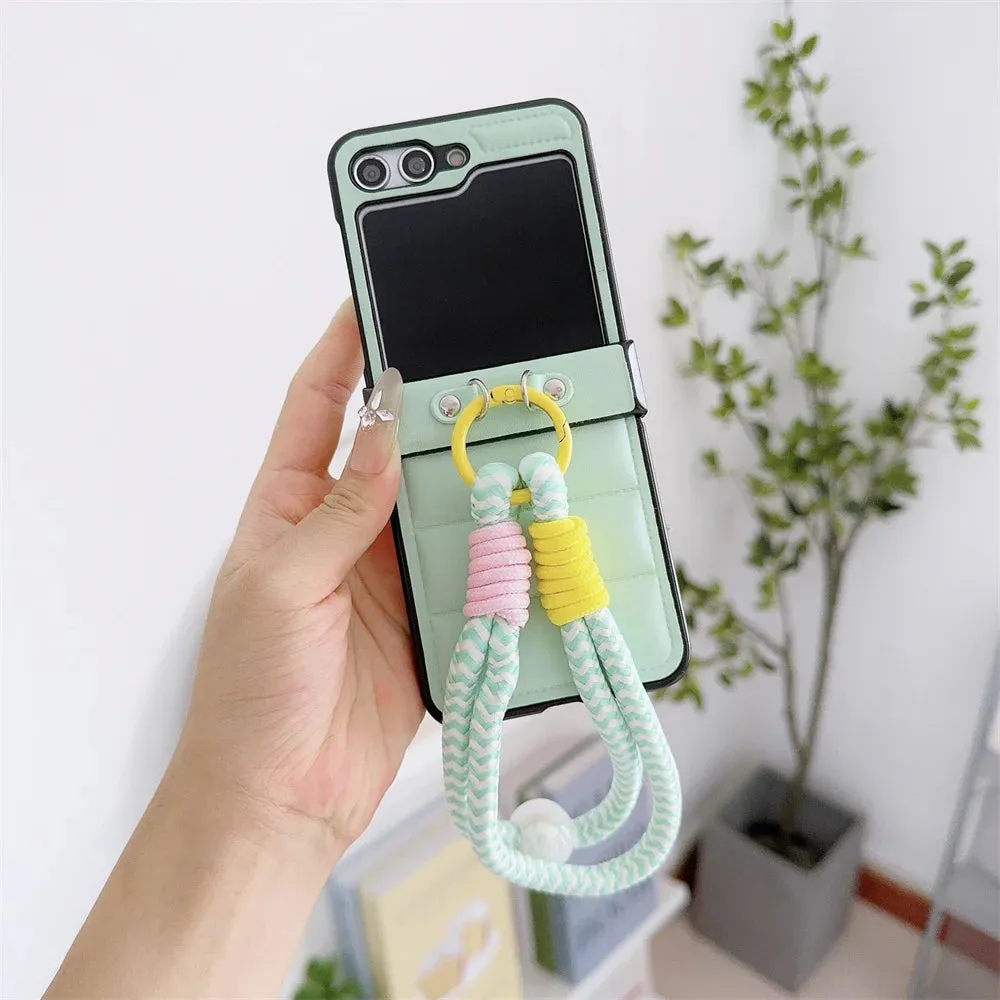 Kawaii Cozy Down Jacket PU Leather Case with Cute Wrist Strap for Samsung Galaxy Z Flip 6/5/4/3 📱✨